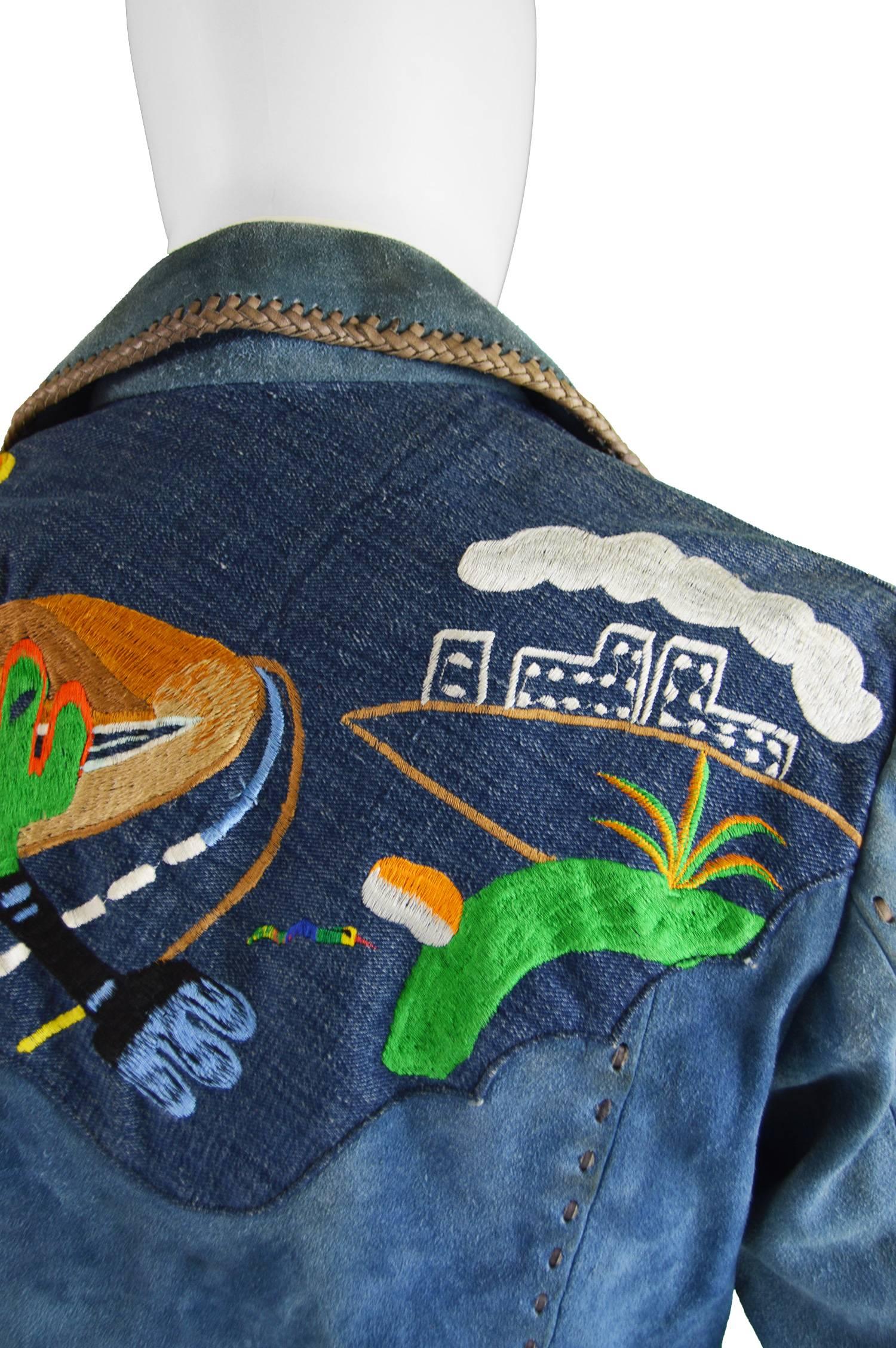 Handcrafted Mens Vintage Embroidered Whip Stitched Suede and Denim Jacket, 1970s 1