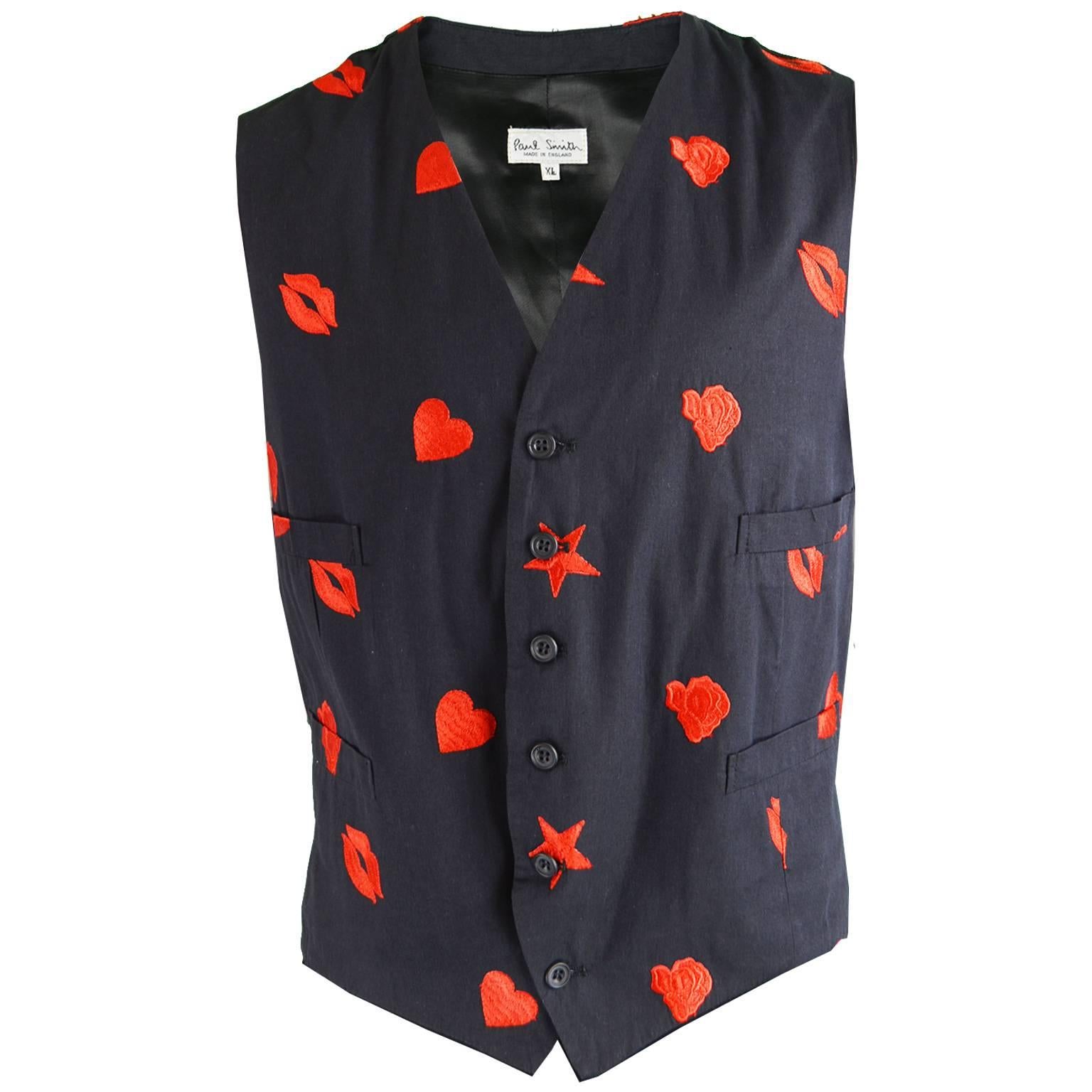 Paul Smith Men's Vintage Black & Red Embroidered Waistcoat, 1990s
