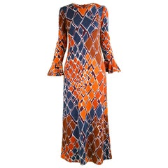 Clobber by Jeff Banks Vintage Diamond Print Knit Dress with Ruffle Cuffs, 1970s