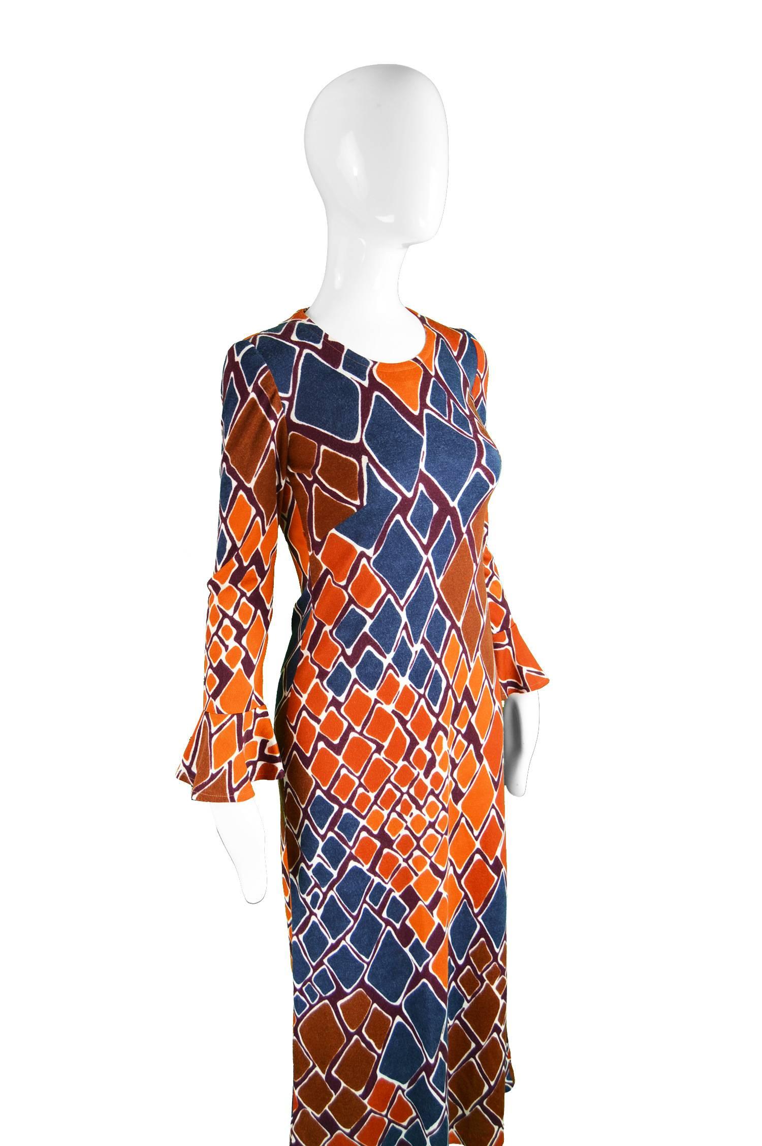 Clobber by Jeff Banks Vintage Diamond Print Knit Dress with Ruffle Cuffs, 1970s In Excellent Condition In Doncaster, South Yorkshire