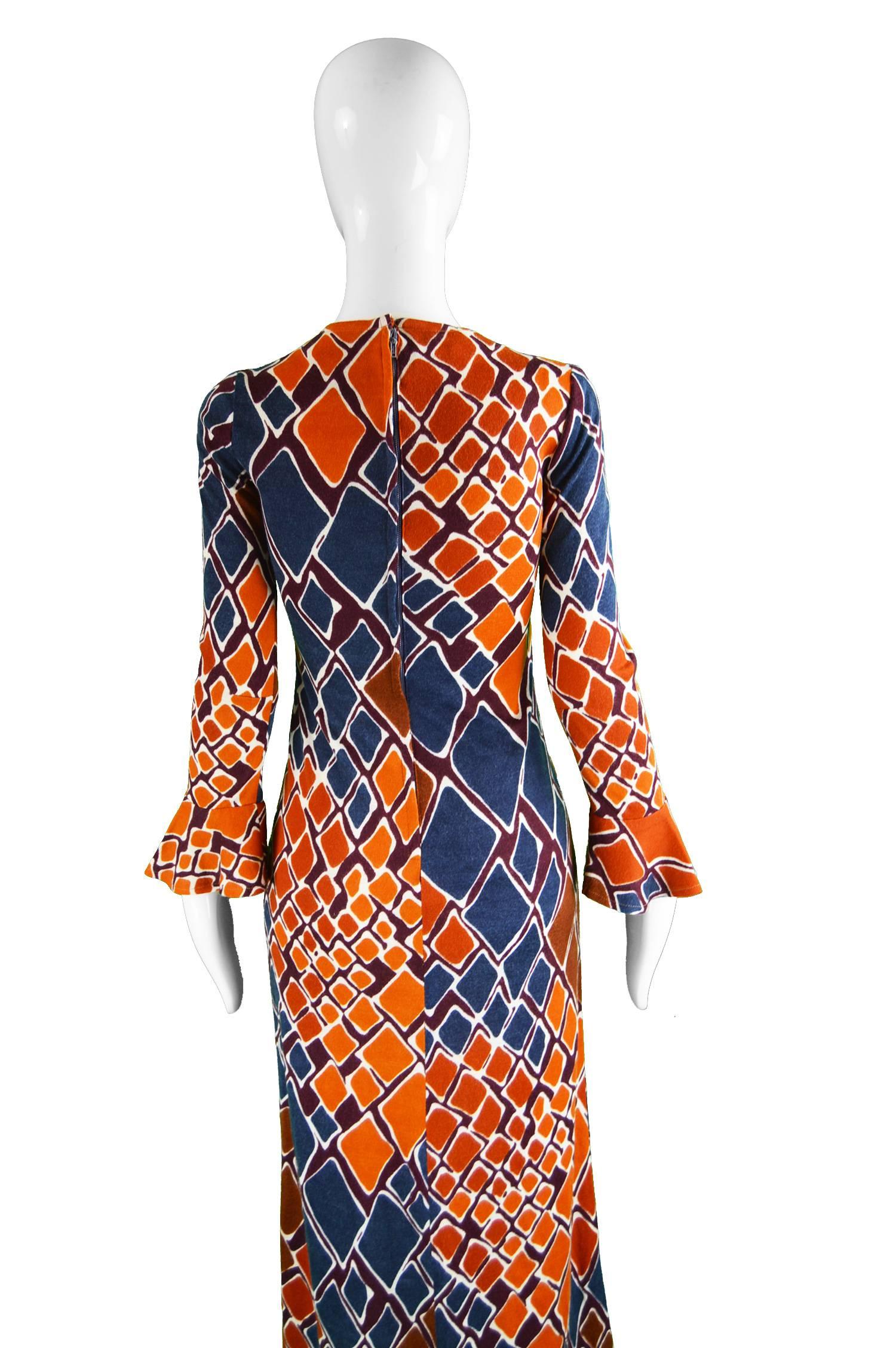 Clobber by Jeff Banks Vintage Diamond Print Knit Dress with Ruffle Cuffs, 1970s 1