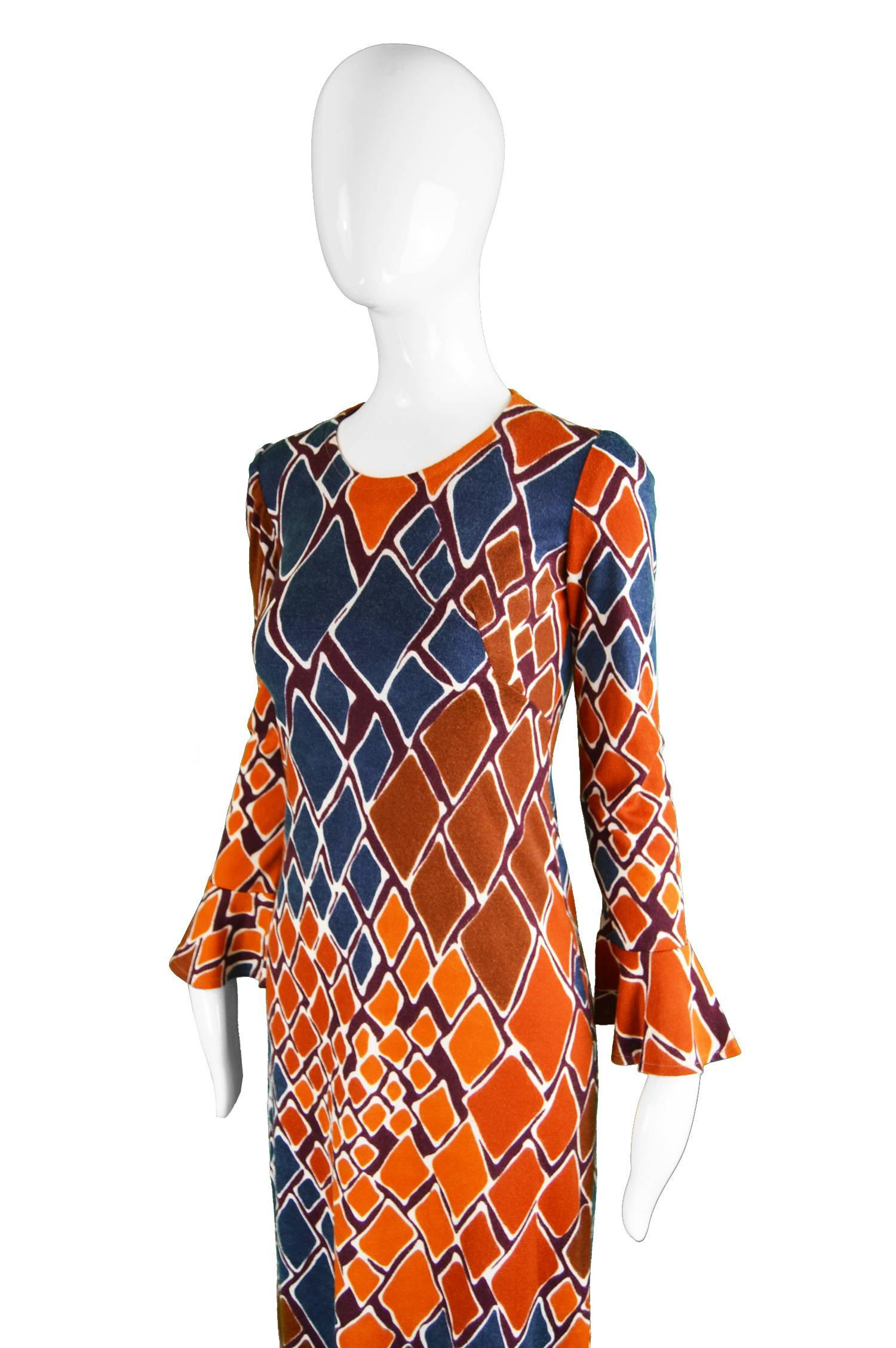 Women's Clobber by Jeff Banks Vintage Diamond Print Knit Dress with Ruffle Cuffs, 1970s