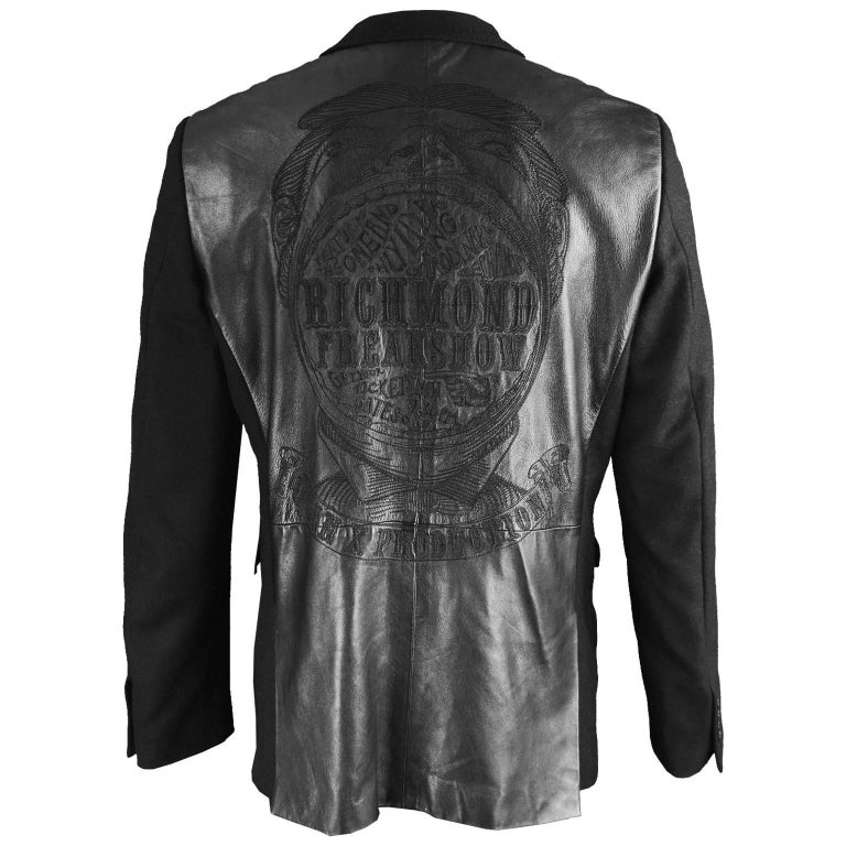 John Richmond Men's Black Embroidered Leather and Wool Blazer Jacket at ...