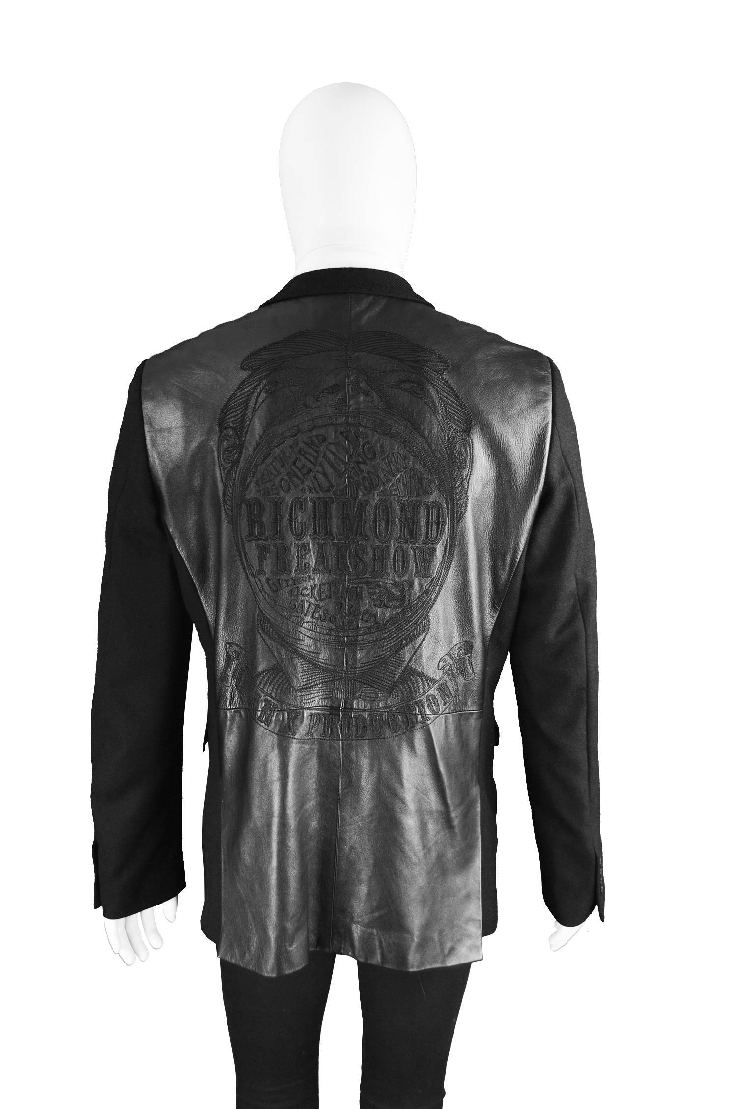 John Richmond Men's Black Embroidered Leather & Wool Blazer Jacket 1
