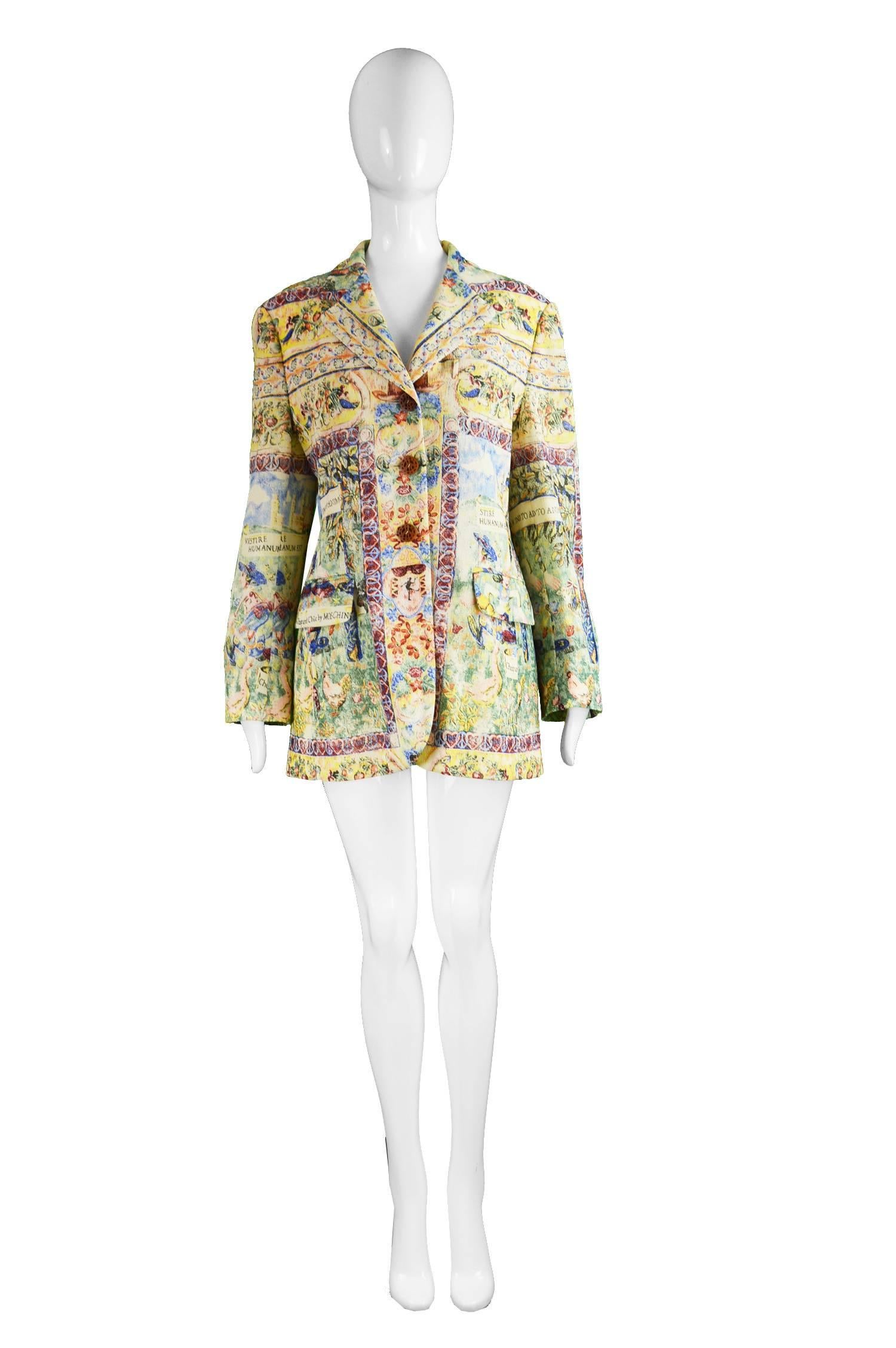 Moschino Cheap & Chic Vintage Olive Oyl & Popeye Tapestry Print Blazer, 1990s

Size: Marked GB 14 US 12 I 46 D 42 F 42.
Bust - 40” / 101cm (please allow a couple of inches room for movement)
Waist - 38” / 96cm
Length (Shoulder to Hem) - 29”