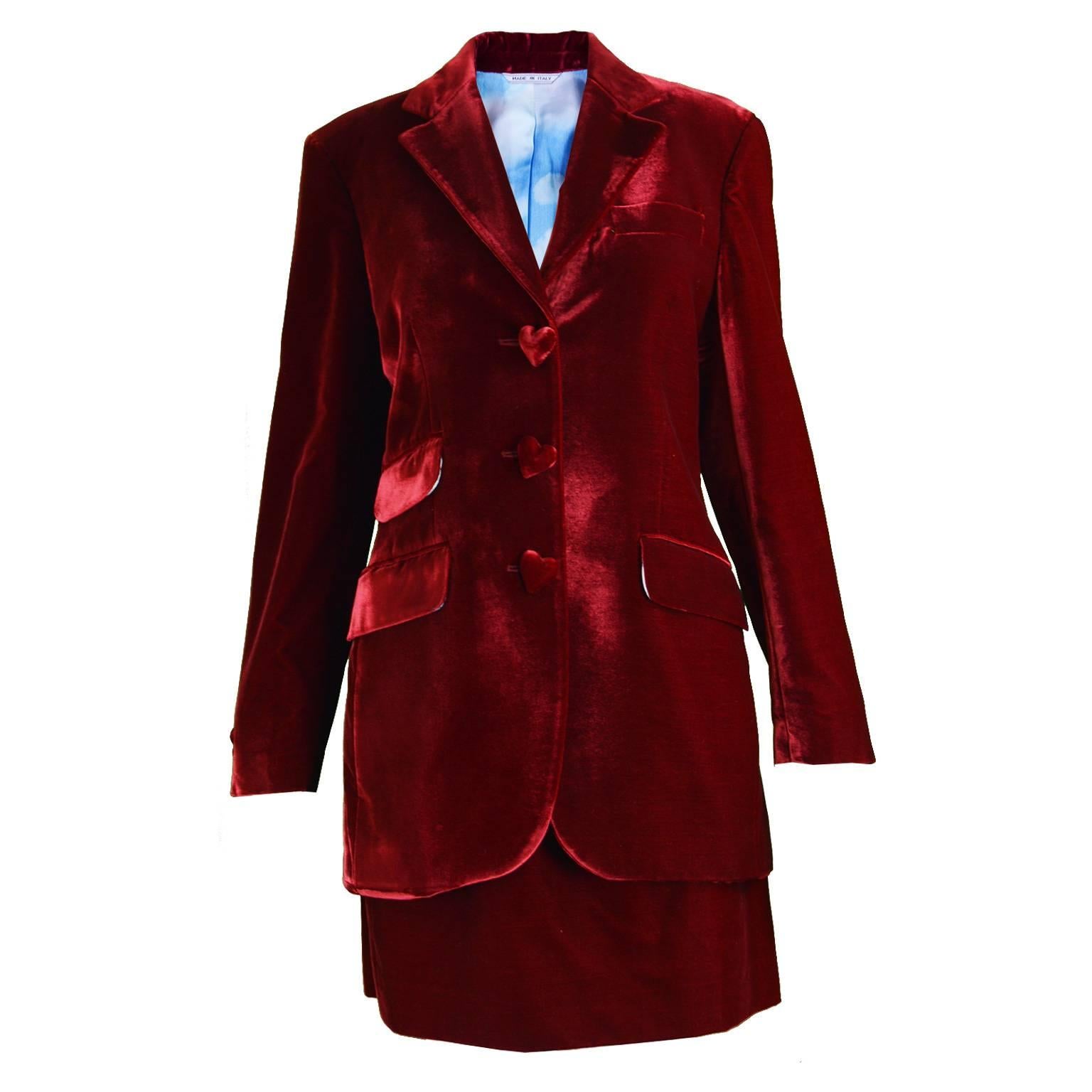 Moschino Deep Red Velvet Heart Button Skirt Suit & Cloud Silk Lining, 1990s For Sale