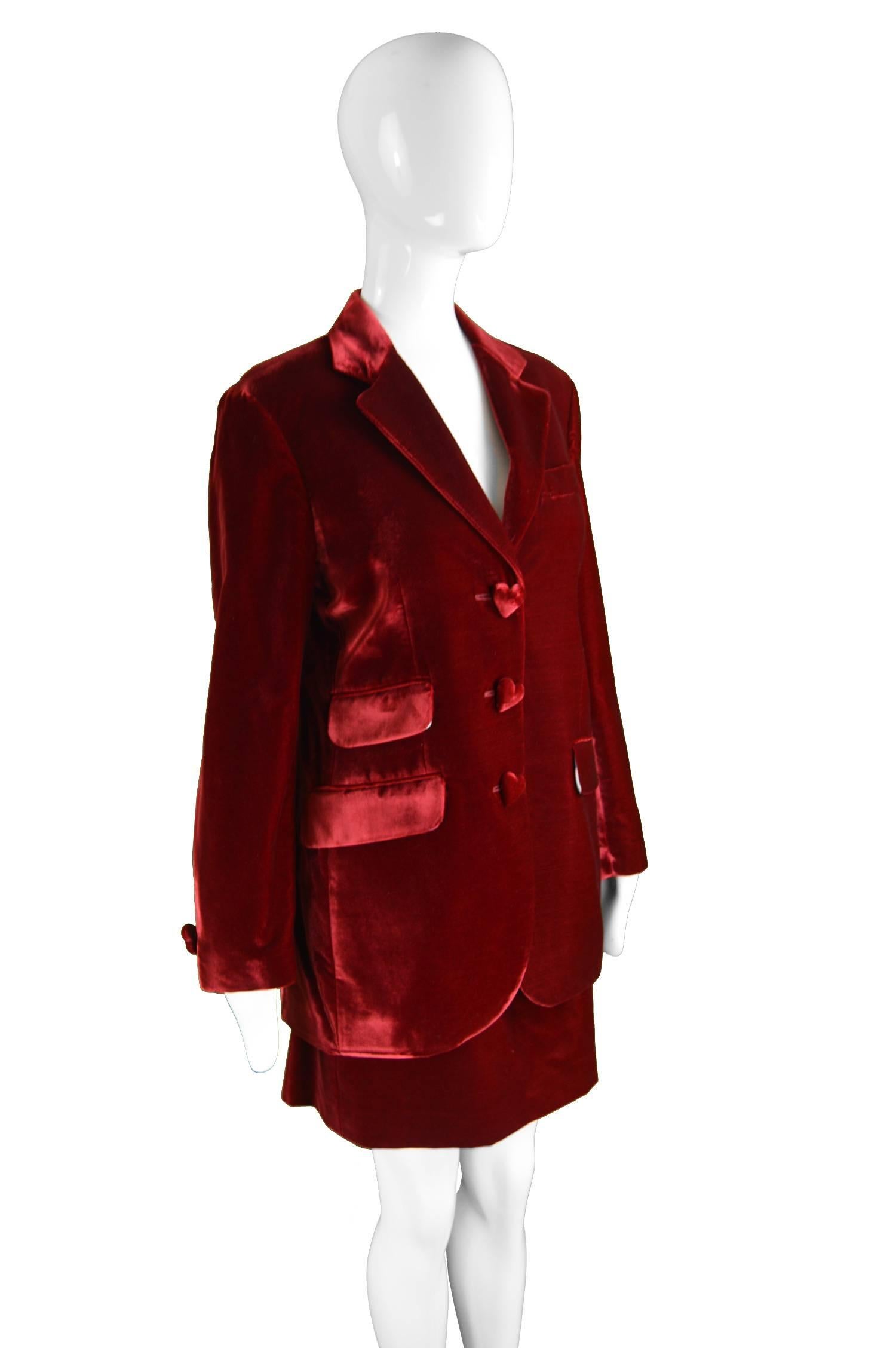 Women's Moschino Deep Red Velvet Heart Button Skirt Suit & Cloud Silk Lining, 1990s For Sale