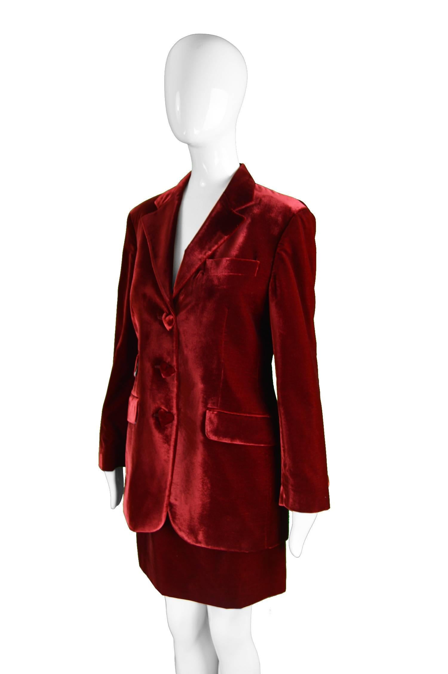 Black Moschino Deep Red Velvet Heart Button Skirt Suit & Cloud Silk Lining, 1990s For Sale
