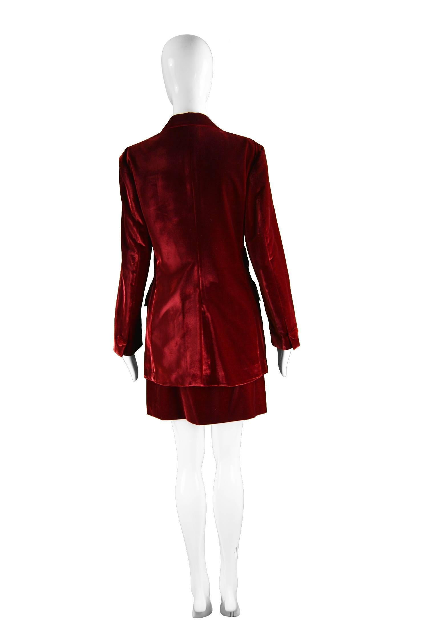 Moschino Deep Red Velvet Heart Button Skirt Suit & Cloud Silk Lining, 1990s For Sale 1