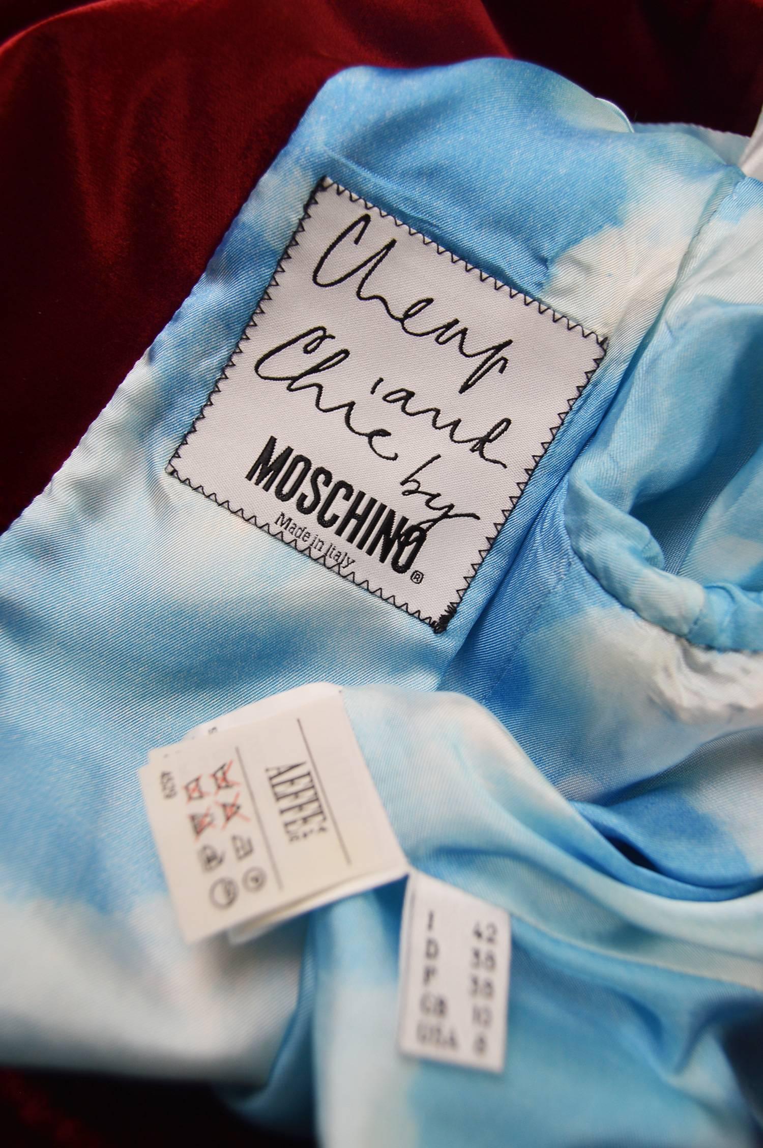 Moschino Deep Red Velvet Heart Button Skirt Suit & Cloud Silk Lining, 1990s For Sale 2