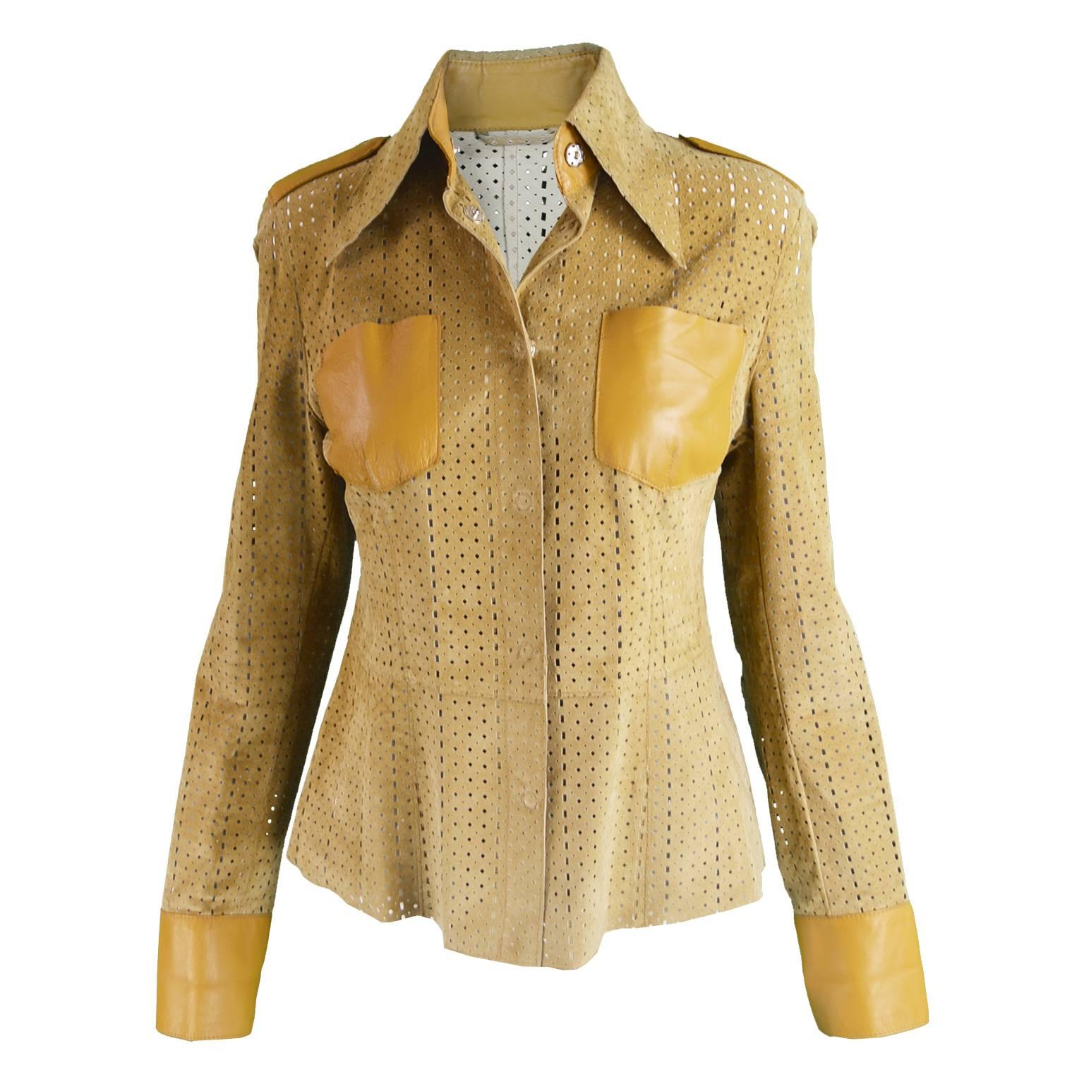 Dolce & Gabbana Vintage Brown Cutwork Suede and Leather Shirt, 1990s For Sale