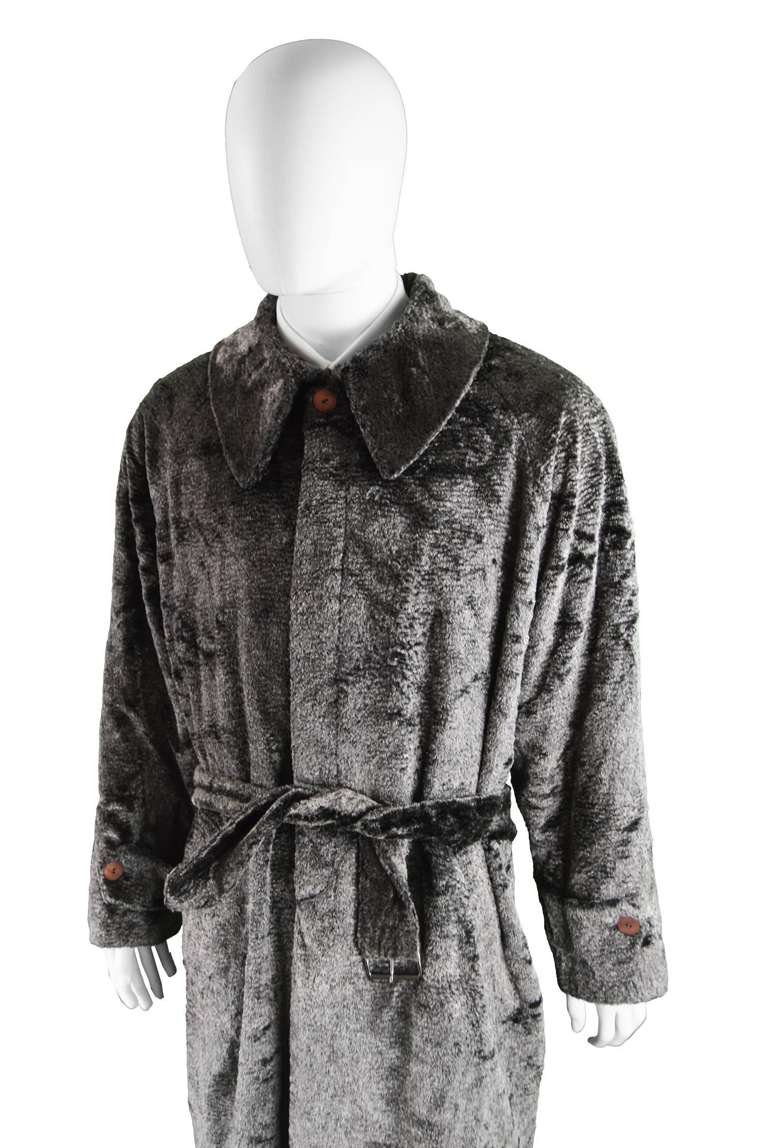 Men's Calugi E Giannelli Mens Gray Faux Fur Vintage Belted Over Coat, 1980s