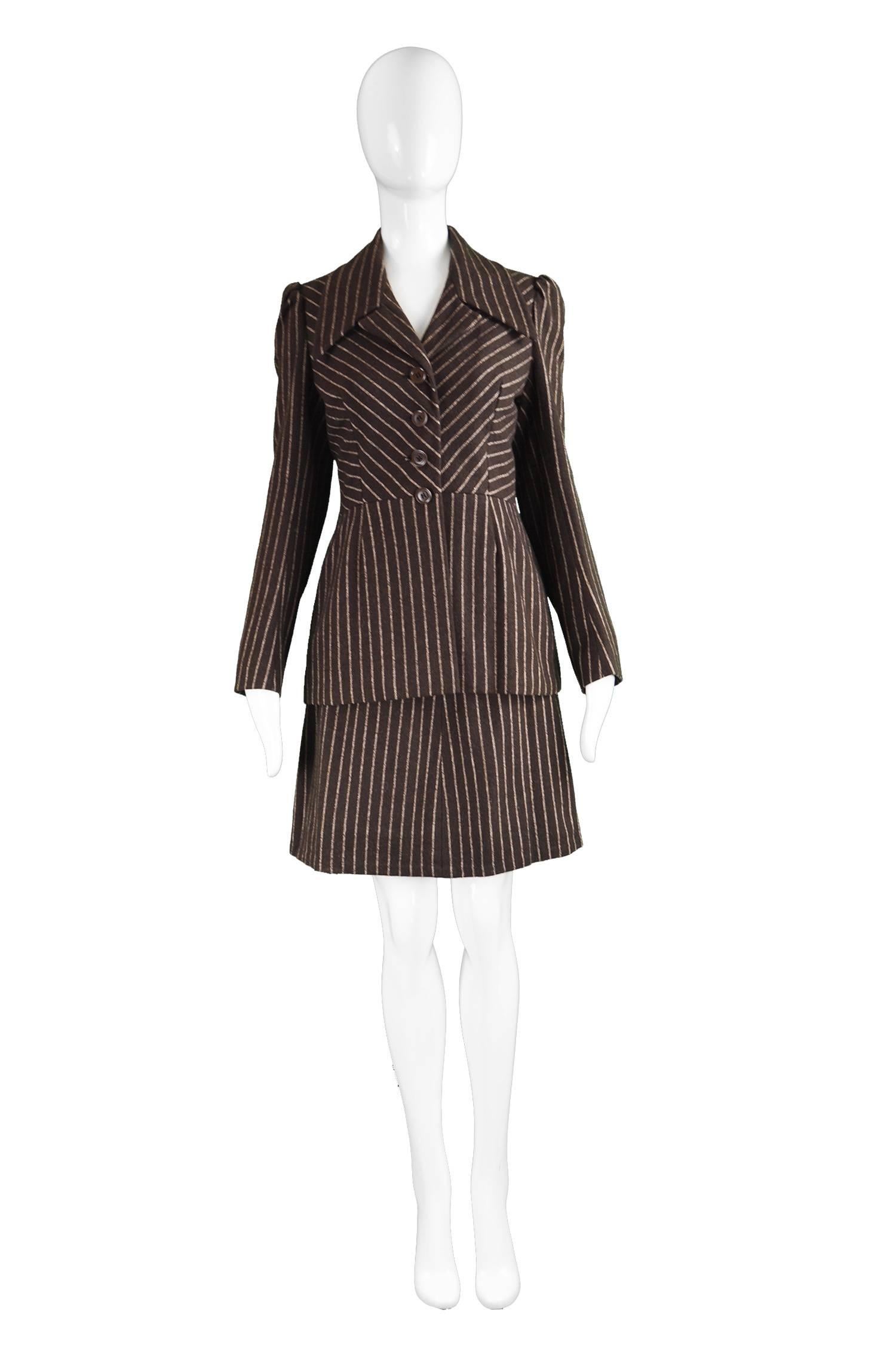 Marion Foale & Sally Tuffin Brown Wool Mod Striped Vintage Skirt Suit, 1960s

Estimated Size: UK 8/ US 4/ EU 36. Please check measurements.
Jacket
Bust - 34” / 86cm (please allow a couple of inches room for movement)
Length (Shoulder to Hem) -