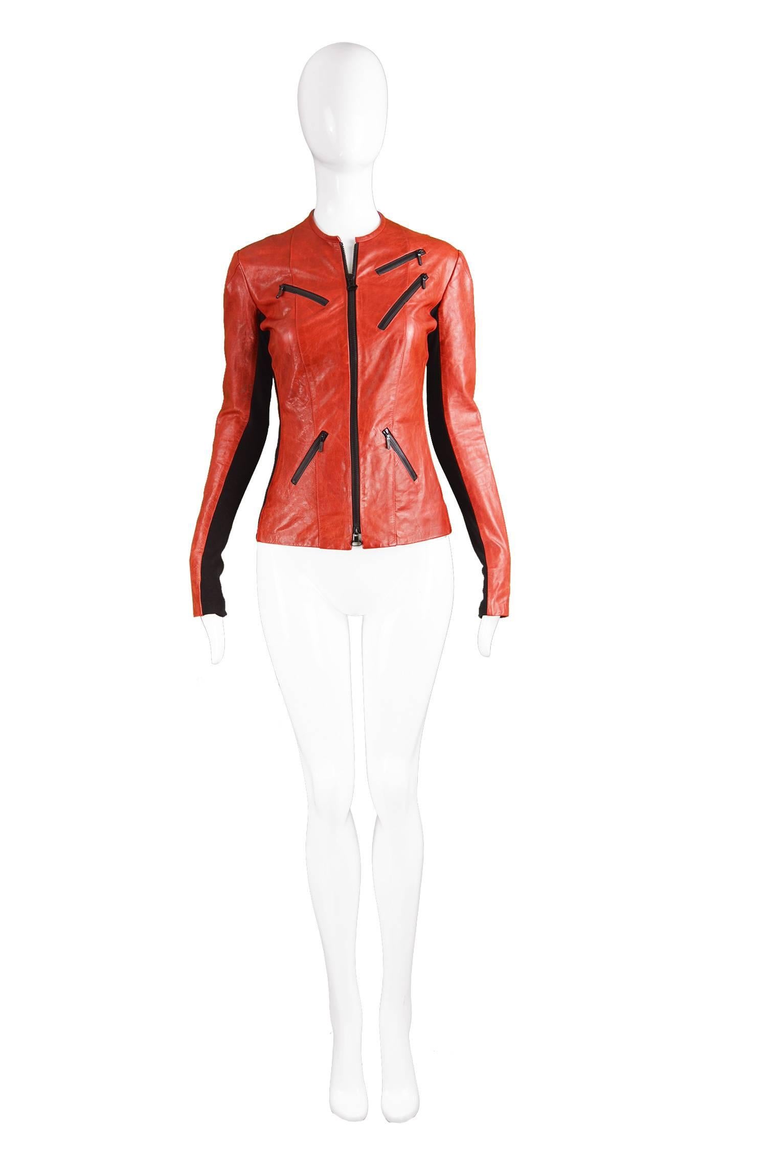 Roland Mouret Red & Black Leather Ladies Marbled Look Slim Fit Biker Jacket

Size: Marked UK 8 which is roughly a US 4/ EU 36. Please check measurements. 
Bust - 34” / 86cm (Please allow a couple of inches room for movement.)
Waist - 27” /
