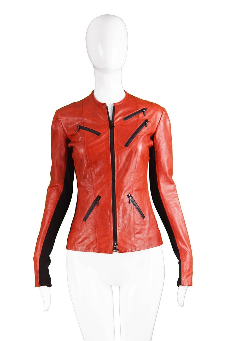 Roland Mouret Red and Black Leather Ladies Marbled Look Slim Fit Biker ...