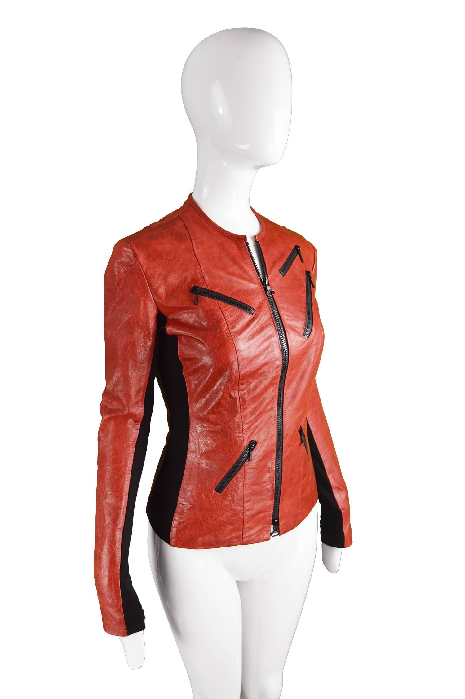 Orange Roland Mouret Red & Black Leather Ladies Marbled Look Slim Fit Biker Jacket