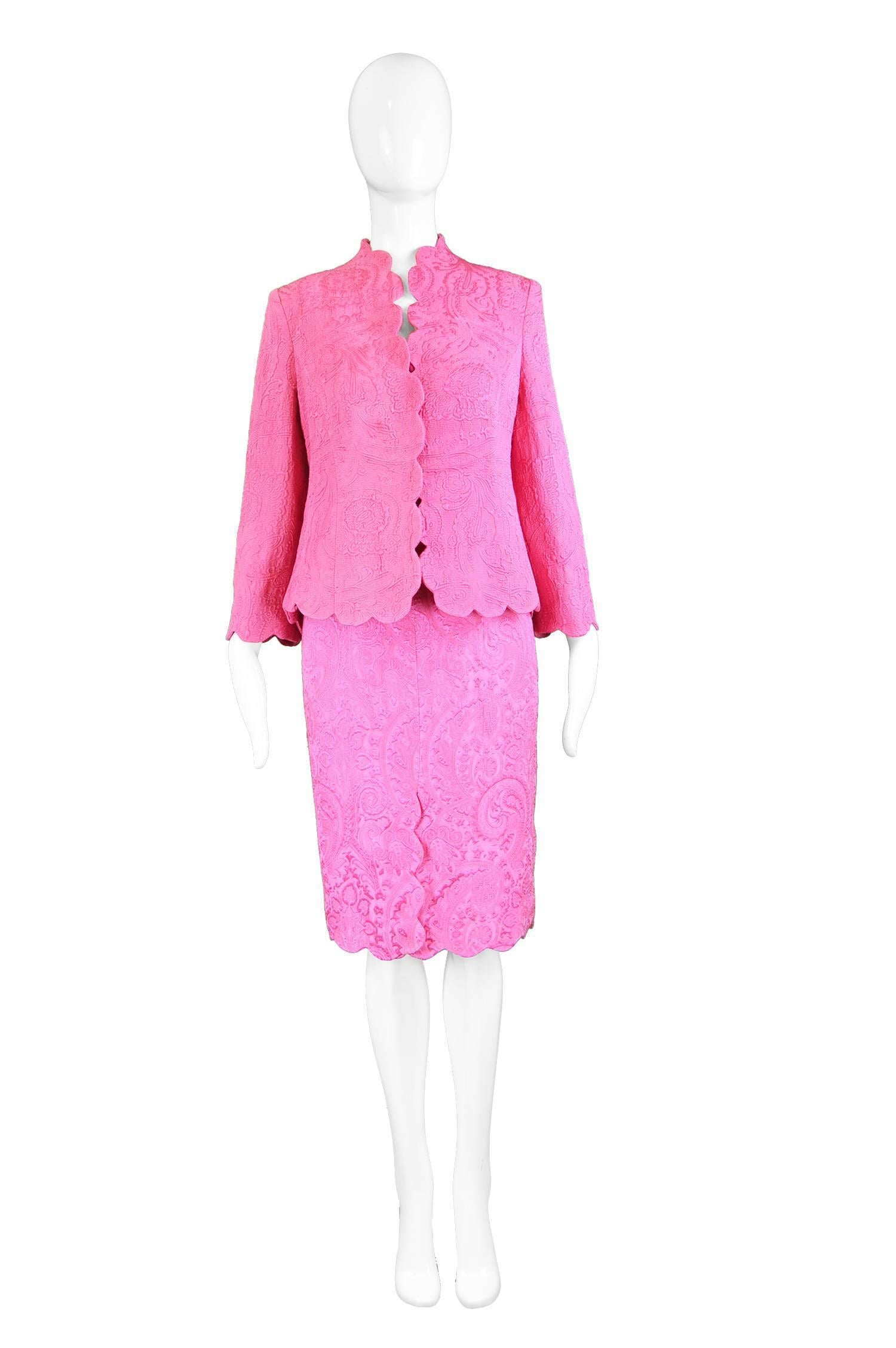 Raffaella Curiel Couture Vintage Pink Brocade Jacket & Dress Suit, 1990s

Estimated Size: UK 12-14/ US 8-10/ EU 40-42. Please check measurements.
Jacket
Bust - 38” / 96cm
Length (Shoulder to Hem) - 20” / 51cm
Shoulder to Shoulder - 16” /