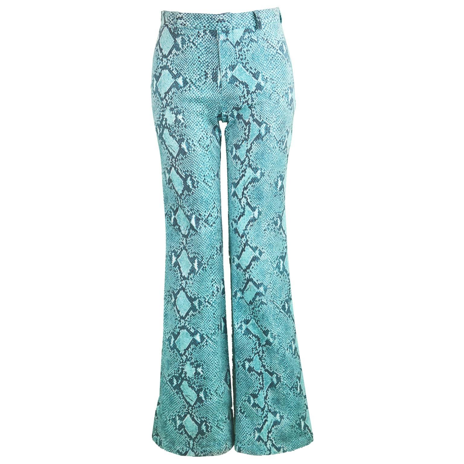 Tom Ford for Gucci Blue Cotton Snakeskin Print Flared Pants, Spring 2000 For Sale