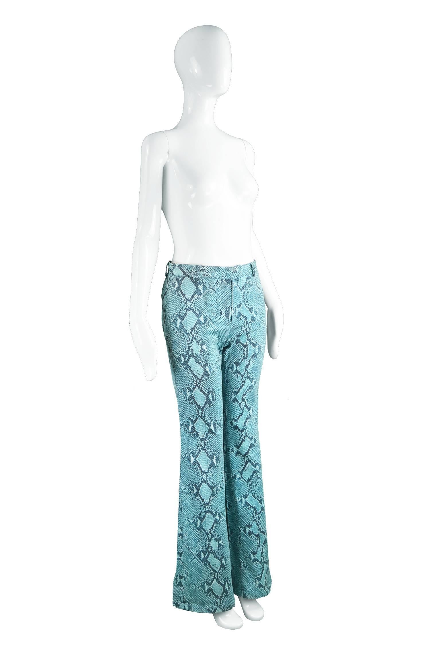 Women's Tom Ford for Gucci Blue Cotton Snakeskin Print Flared Pants, Spring 2000 For Sale