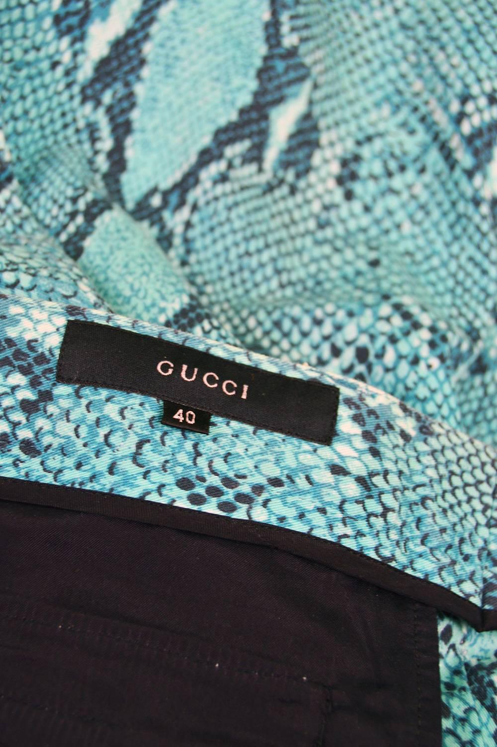 Tom Ford for Gucci Blue Cotton Snakeskin Print Flared Pants, Spring 2000 For Sale 3