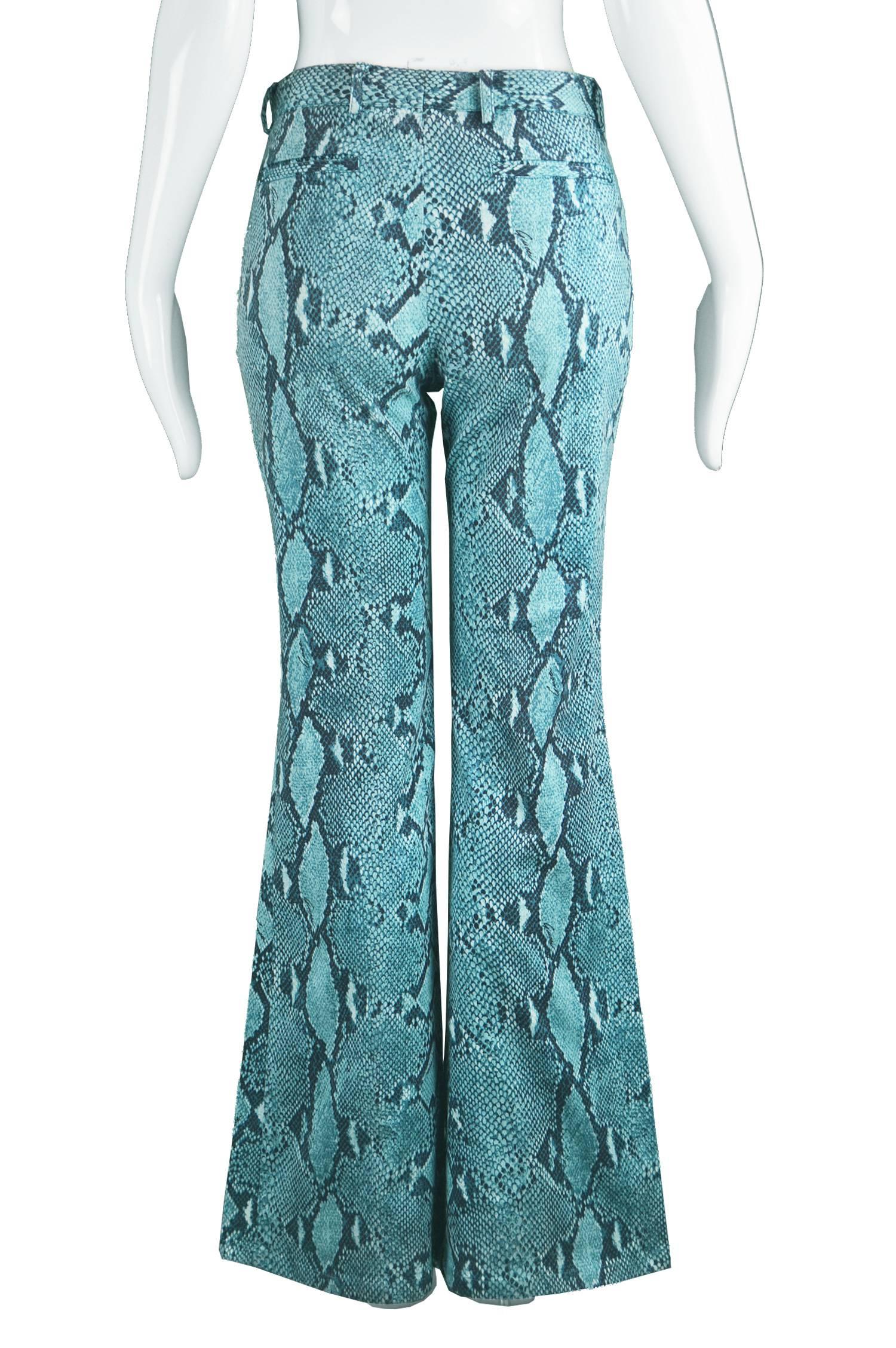Tom Ford for Gucci Blue Cotton Snakeskin Print Flared Pants, Spring 2000 For Sale 2