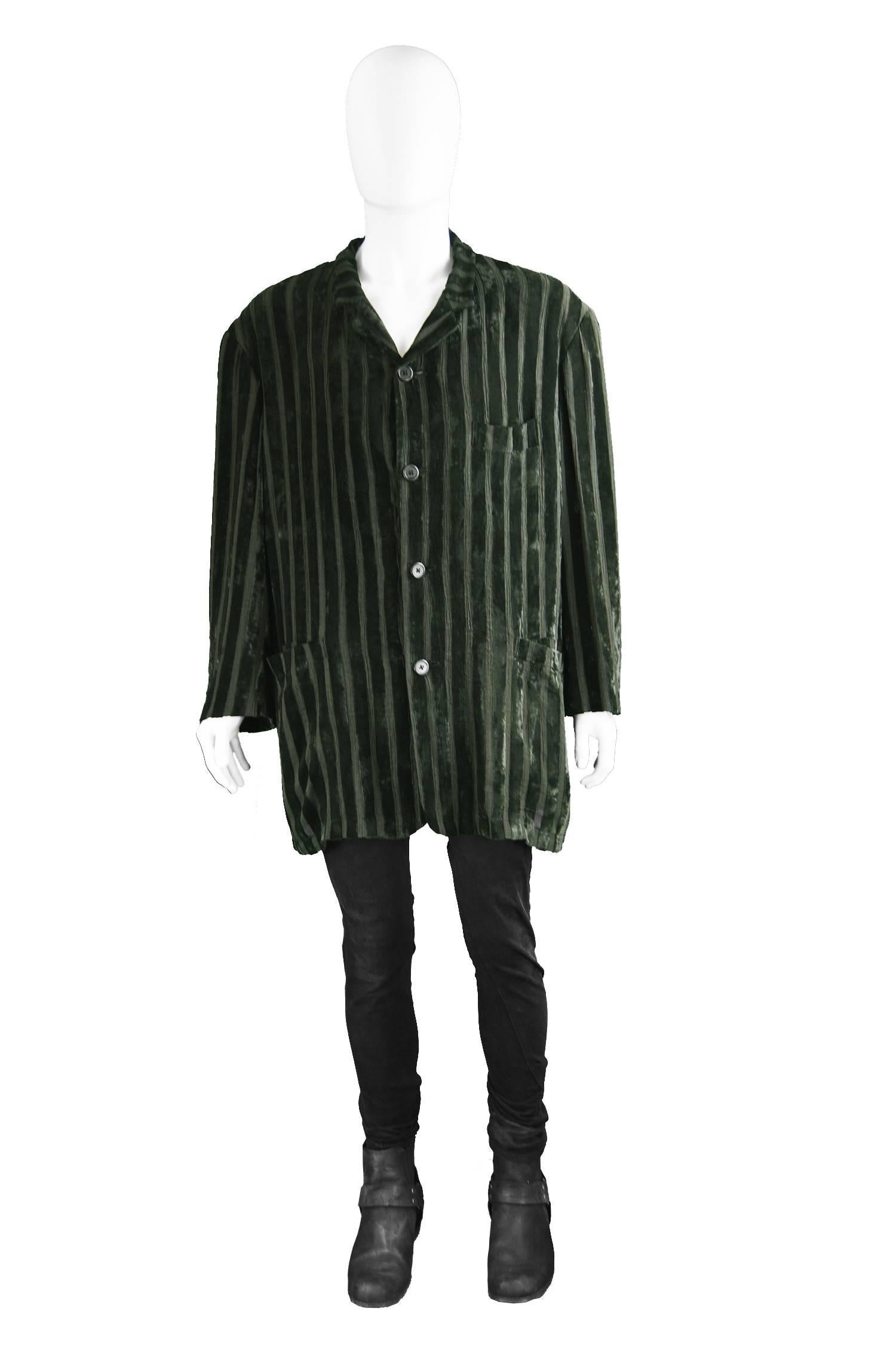 Yohji Yamamoto Mens Vintage Darkest Green Striped Velvet Devore Jacket, 1990s

Size: Label says Men's Medium but this gives a very oversized fit and would suit a men's Large to XL with an oversized fit. Please check measurements.
Chest - up to 50” /