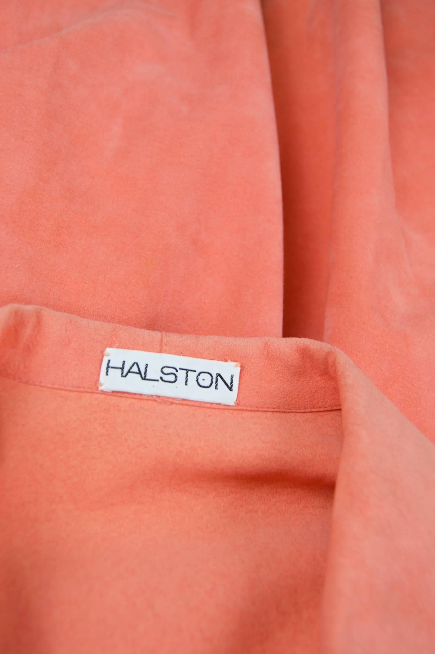 Halston Vintage Ultrasuede Coral Peach Cap Sleeve Dress, 1970s  4