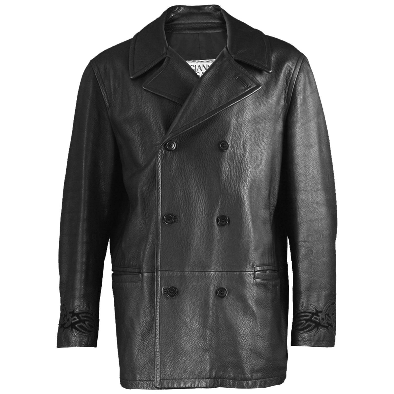 Gianni Versace Men's Black Leather Double Breasted Jacket, A/W 2002  For Sale