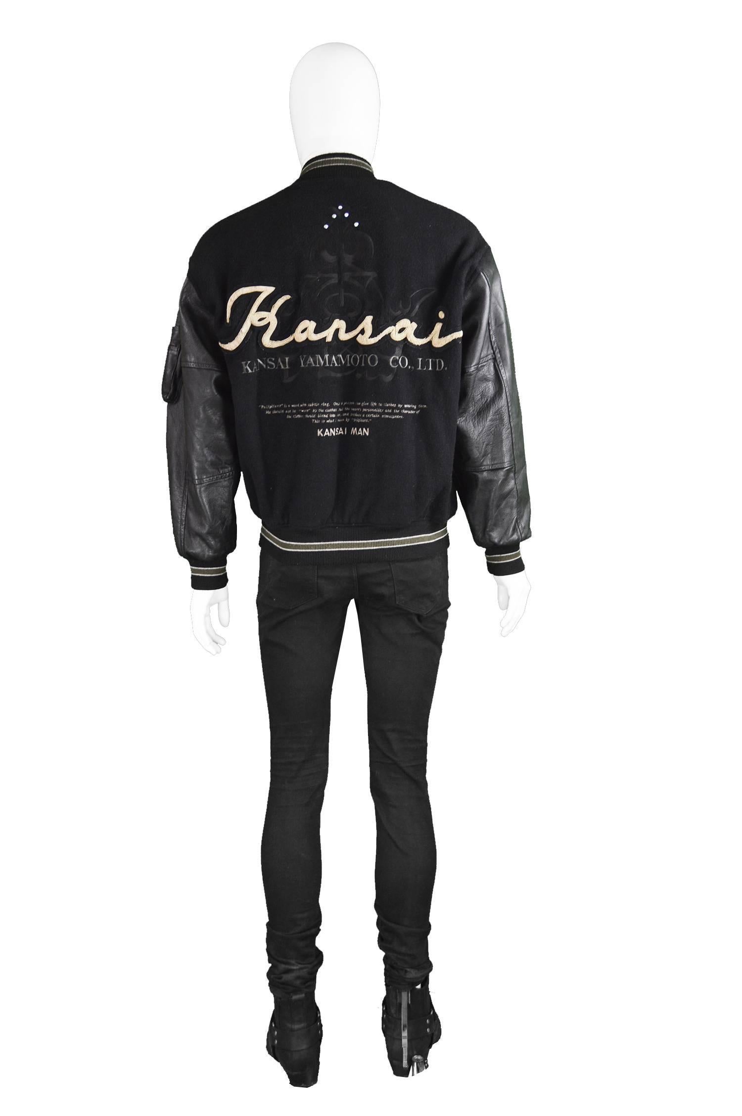 Black Kansai Yamamoto Mens Vintage Wool & Leather Letterman Jacket, 1990s For Sale