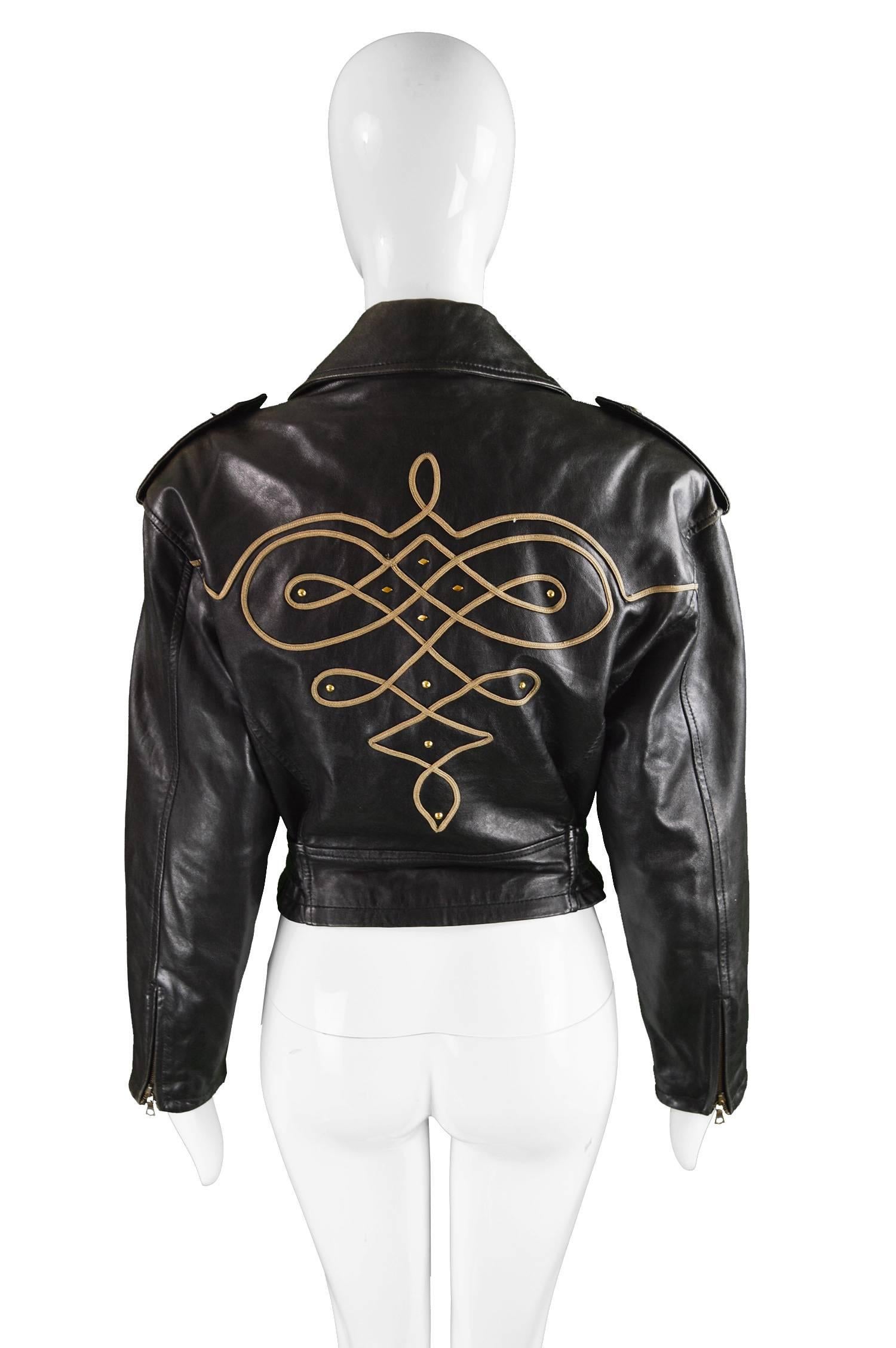 Byblos Women's Black Appliquéd Italian Leather Biker Jacket, A/W 1992 1