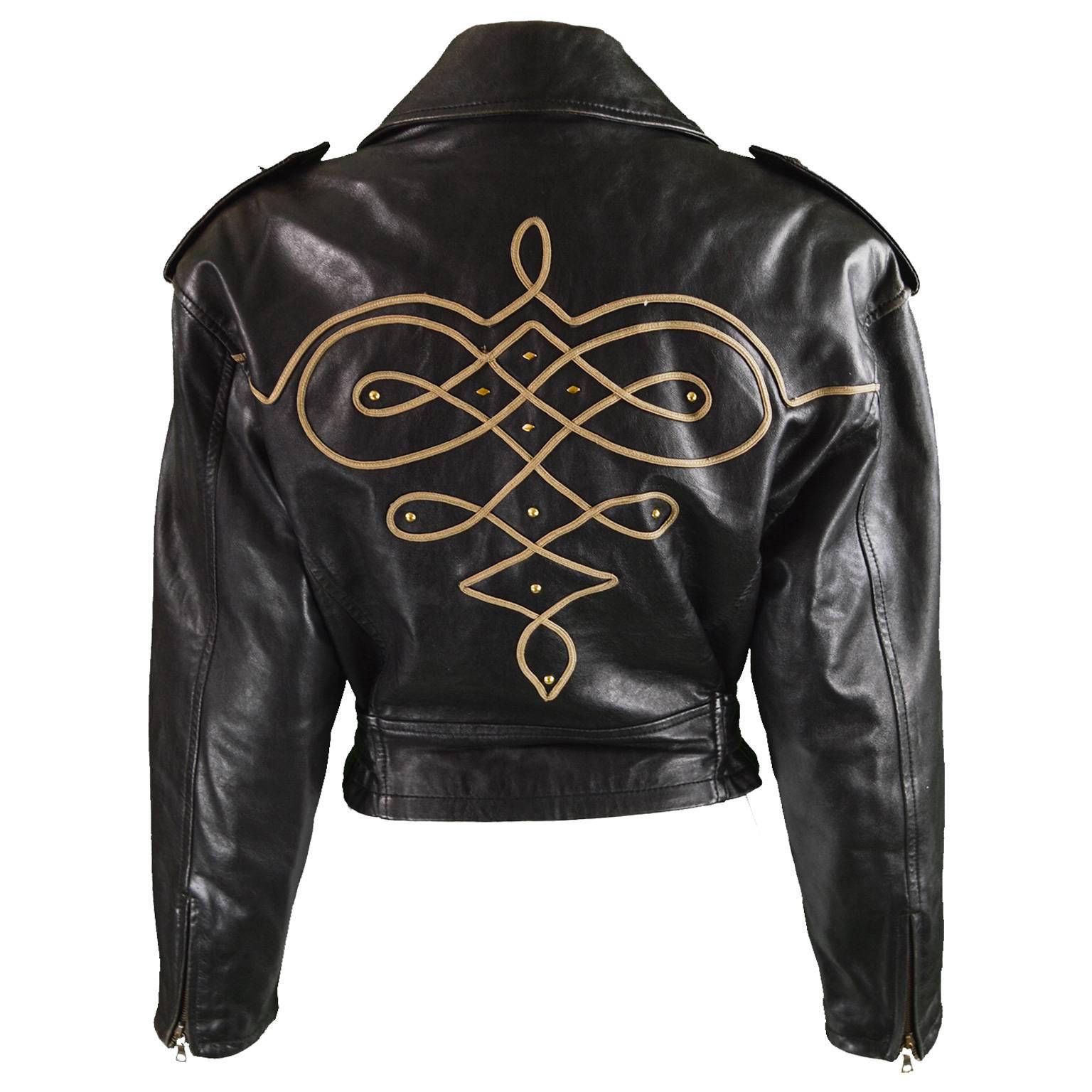 Byblos Women's Black Appliquéd Italian Leather Biker Jacket, A/W 1992