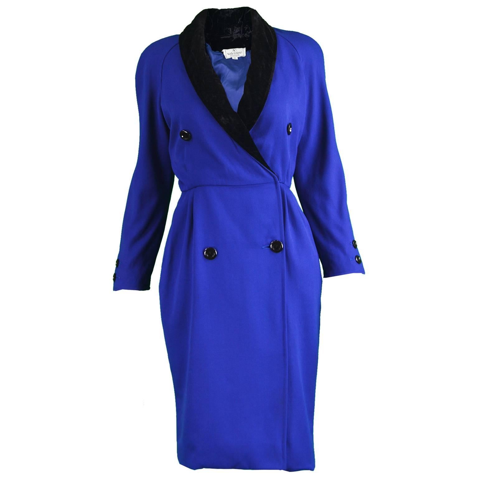 Valentino Vintage Blue Wool Dress with Black Velvet Shawl Collar, 1980s For Sale