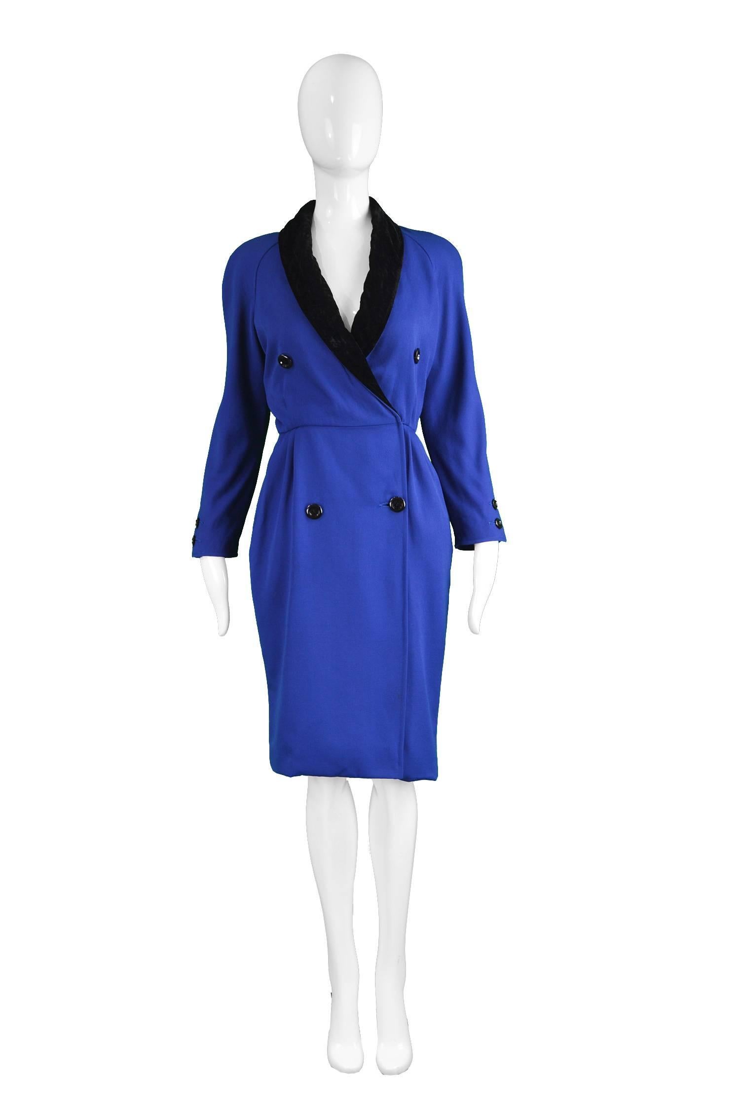 Valentino Vintage Blue Wool Dress with Black Velvet Shawl Collar, 1980s

Estimated Size: UK 8/ US 4/ EU 36. Please check measurements. 
Bust - up to 36” / 91cm (meant to have a looser fit on top)
Waist - 26” / 66cm
Hips - 36” / 91cm
Length (Shoulder