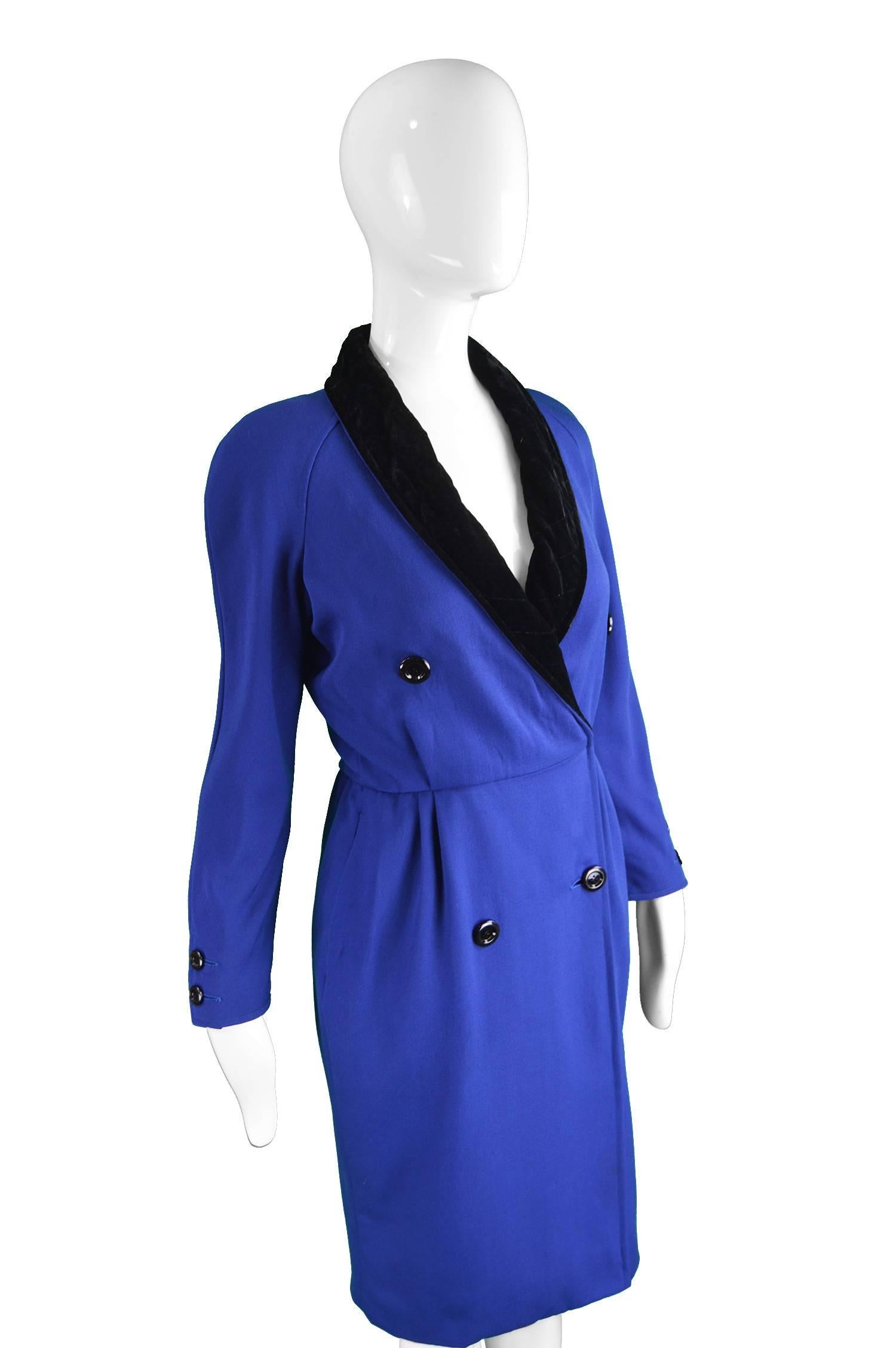 Purple Valentino Vintage Blue Wool Dress with Black Velvet Shawl Collar, 1980s