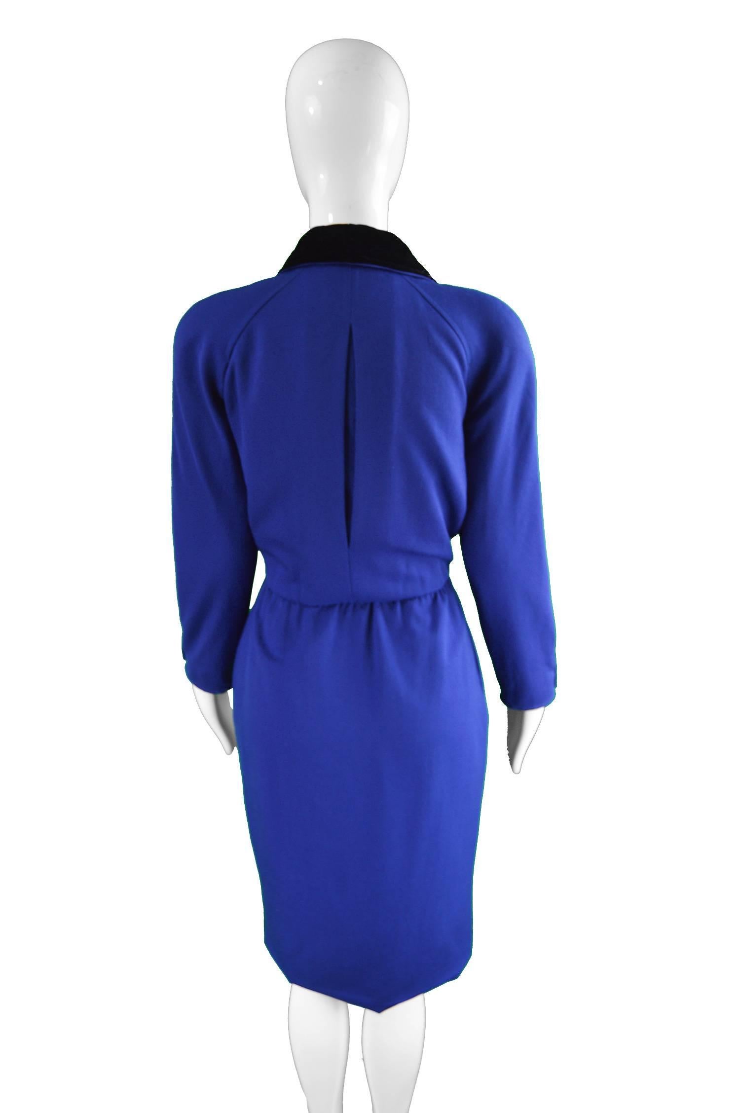 Women's Valentino Vintage Blue Wool Dress with Black Velvet Shawl Collar, 1980s For Sale