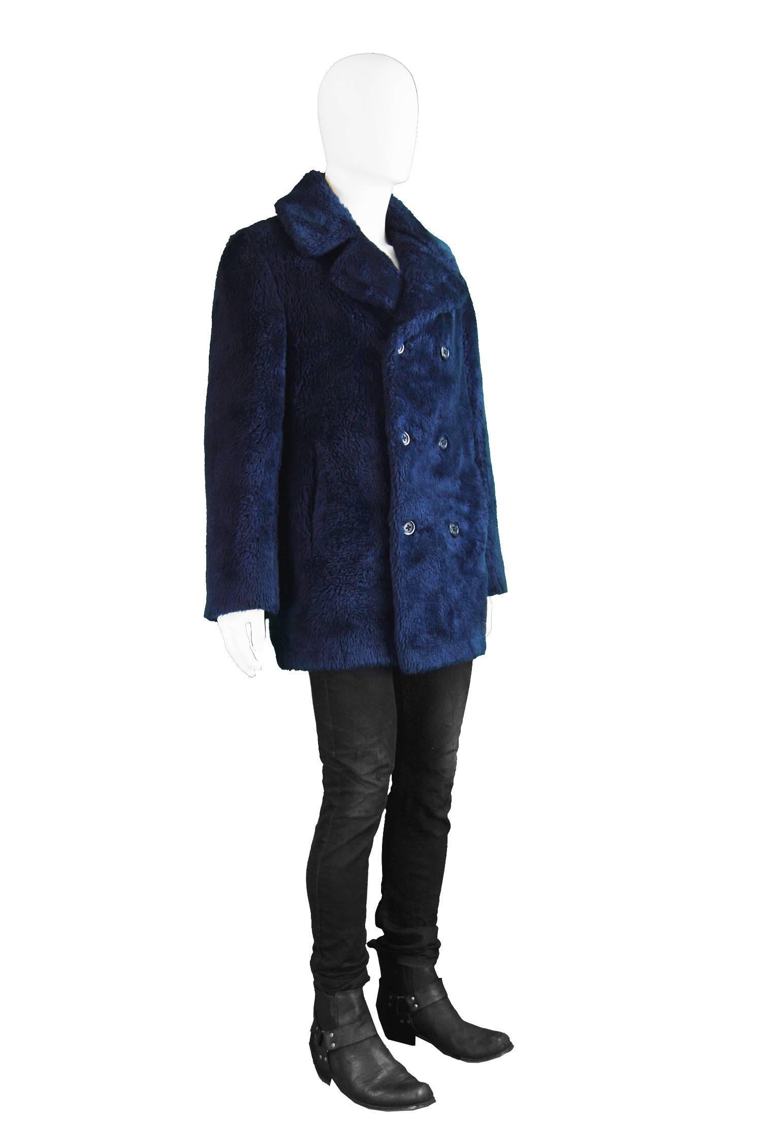 Men's Vintage Dark Blue Double Breasted Faux Fur Pea Coat, 1970s 3