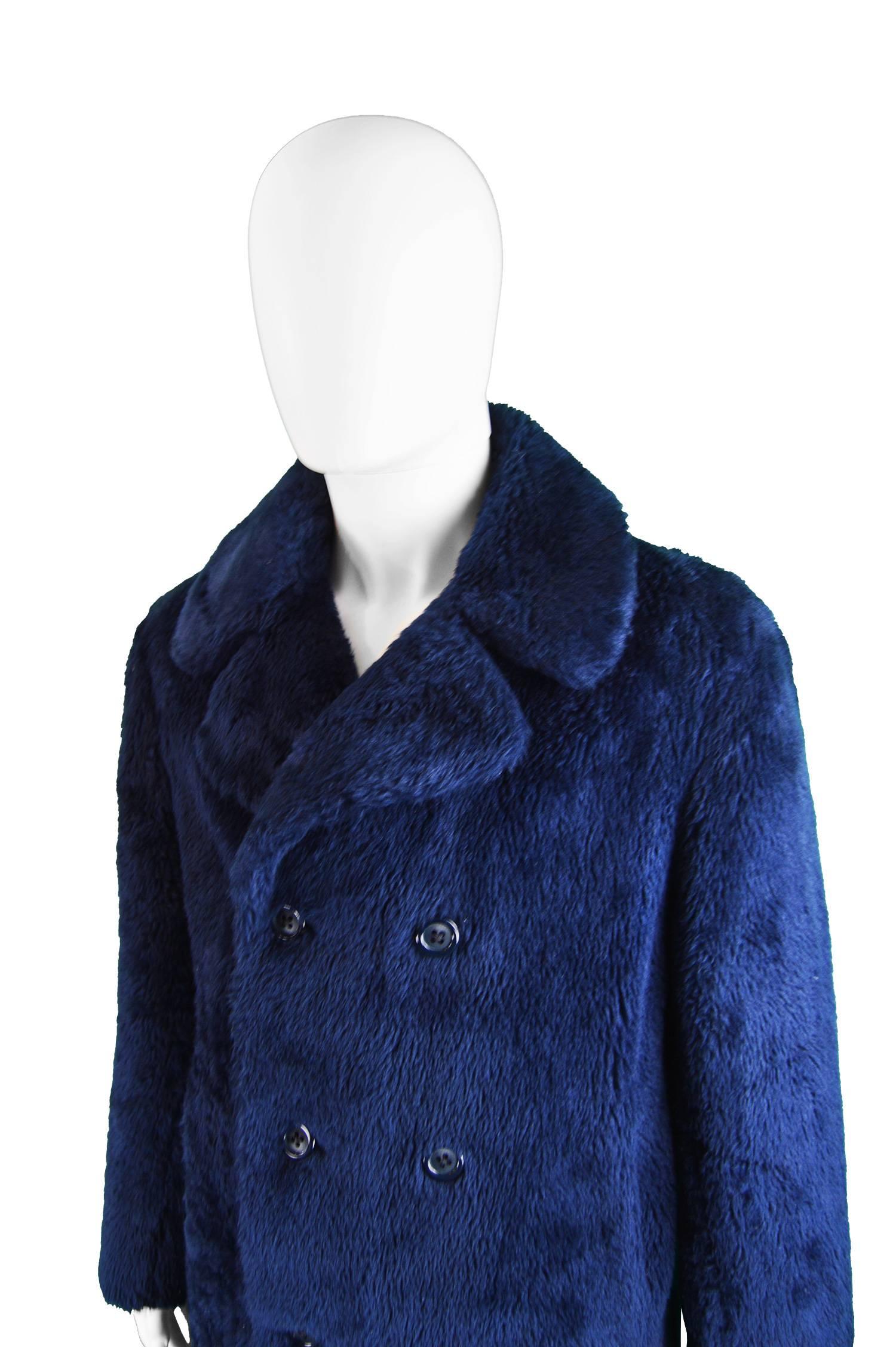 Men's Vintage Dark Blue Double Breasted Faux Fur Pea Coat, 1970s In Excellent Condition In Doncaster, South Yorkshire