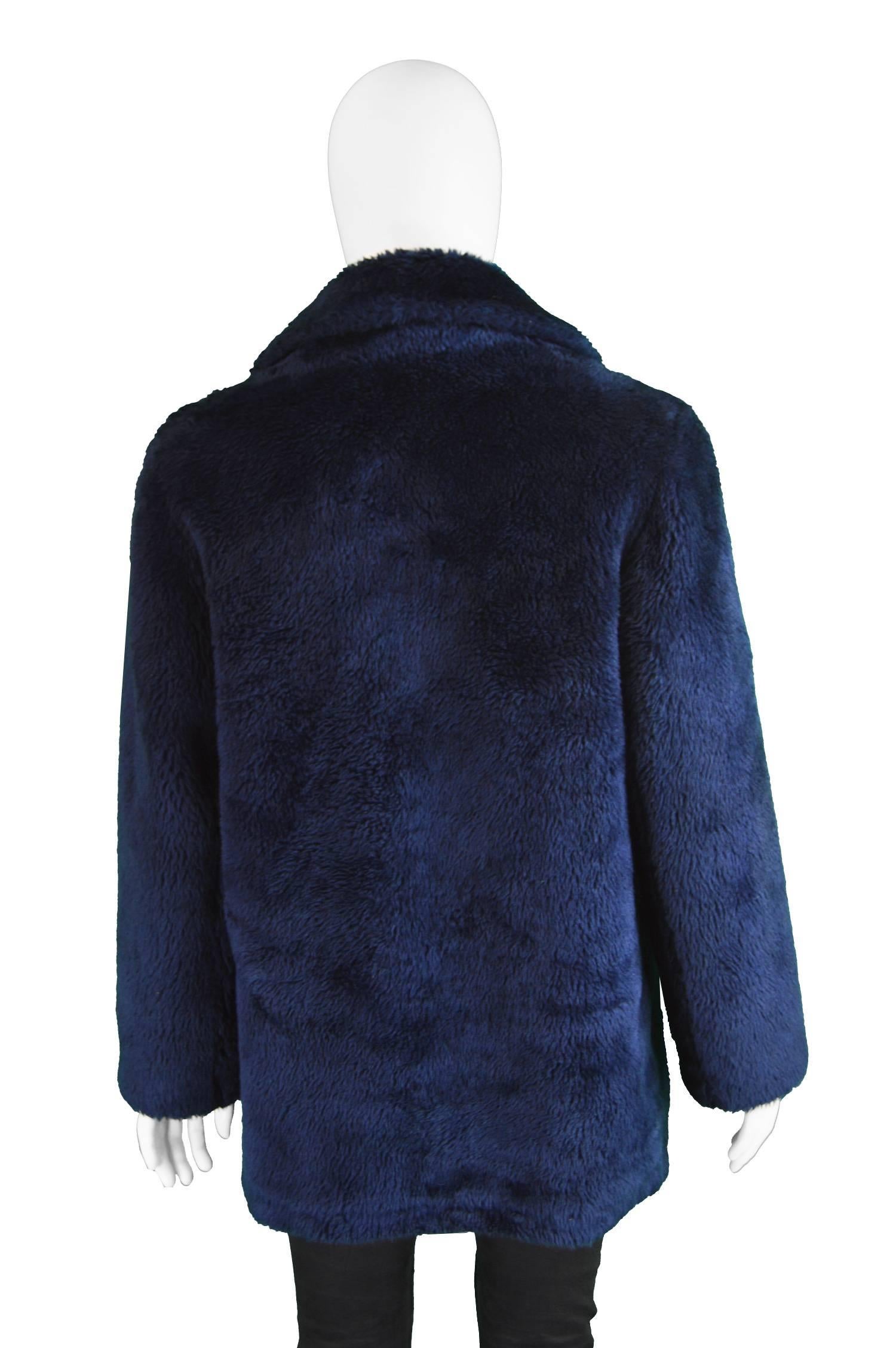 Men's Vintage Dark Blue Double Breasted Faux Fur Pea Coat, 1970s 5