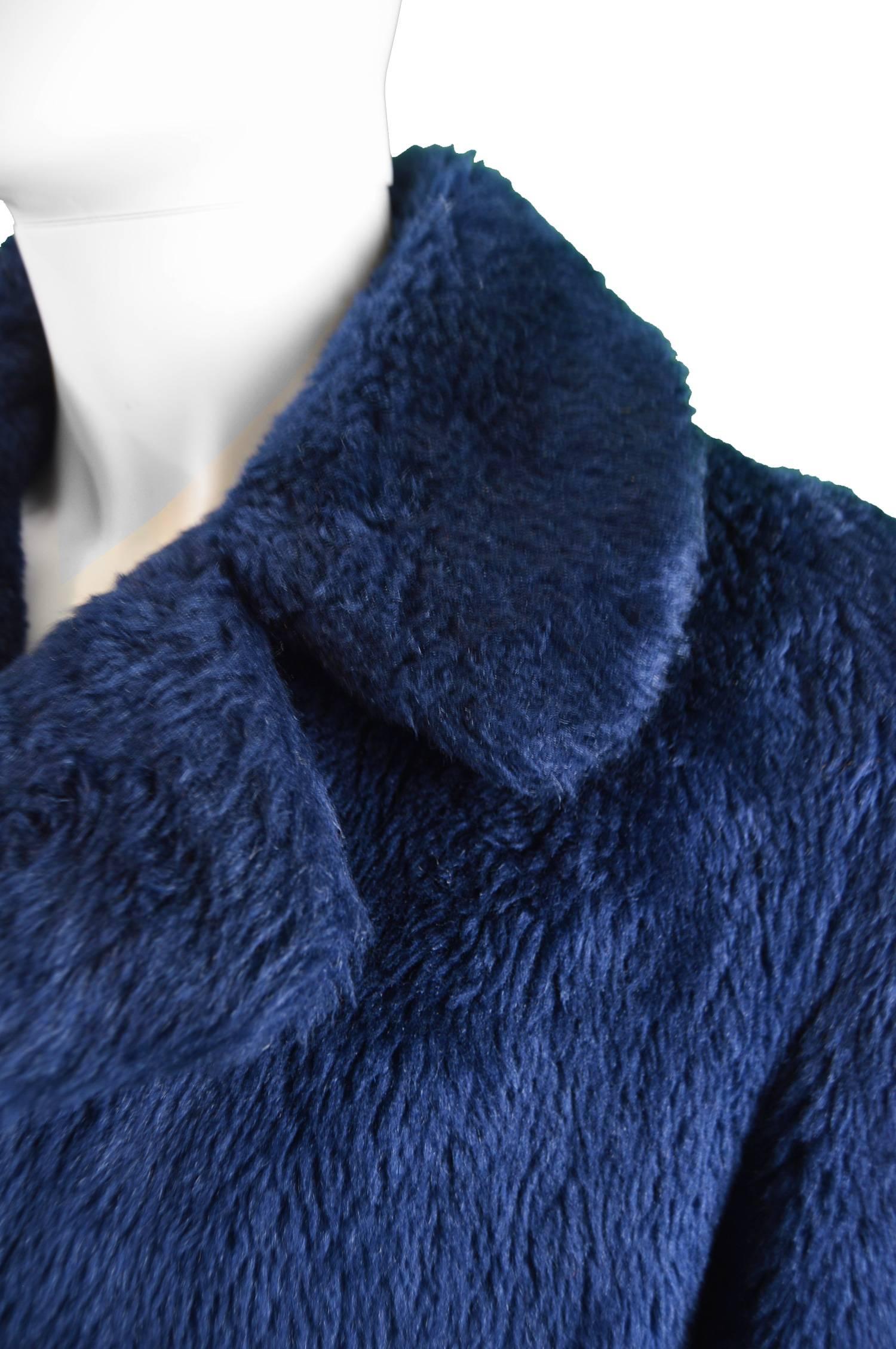 Men's Vintage Dark Blue Double Breasted Faux Fur Pea Coat, 1970s 1