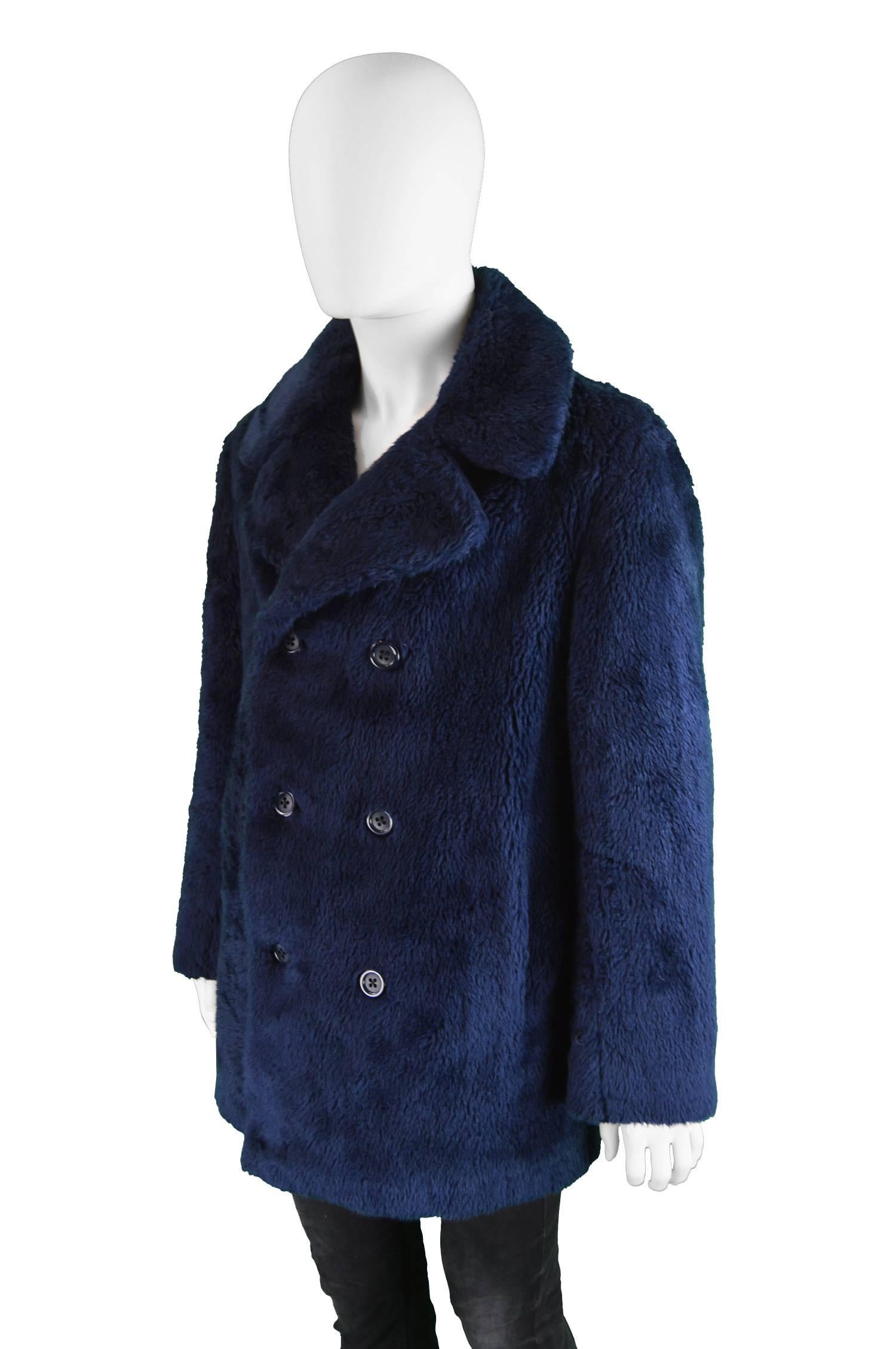 Men's Vintage Dark Blue Double Breasted Faux Fur Pea Coat, 1970s 2