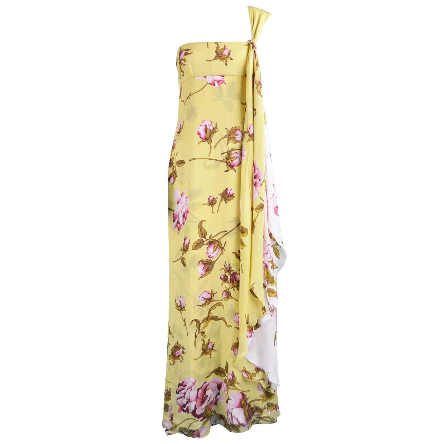 Valentino Yellow & Baby Pink Floral Silk One Shoulder Maxi Gown, Spring 2006