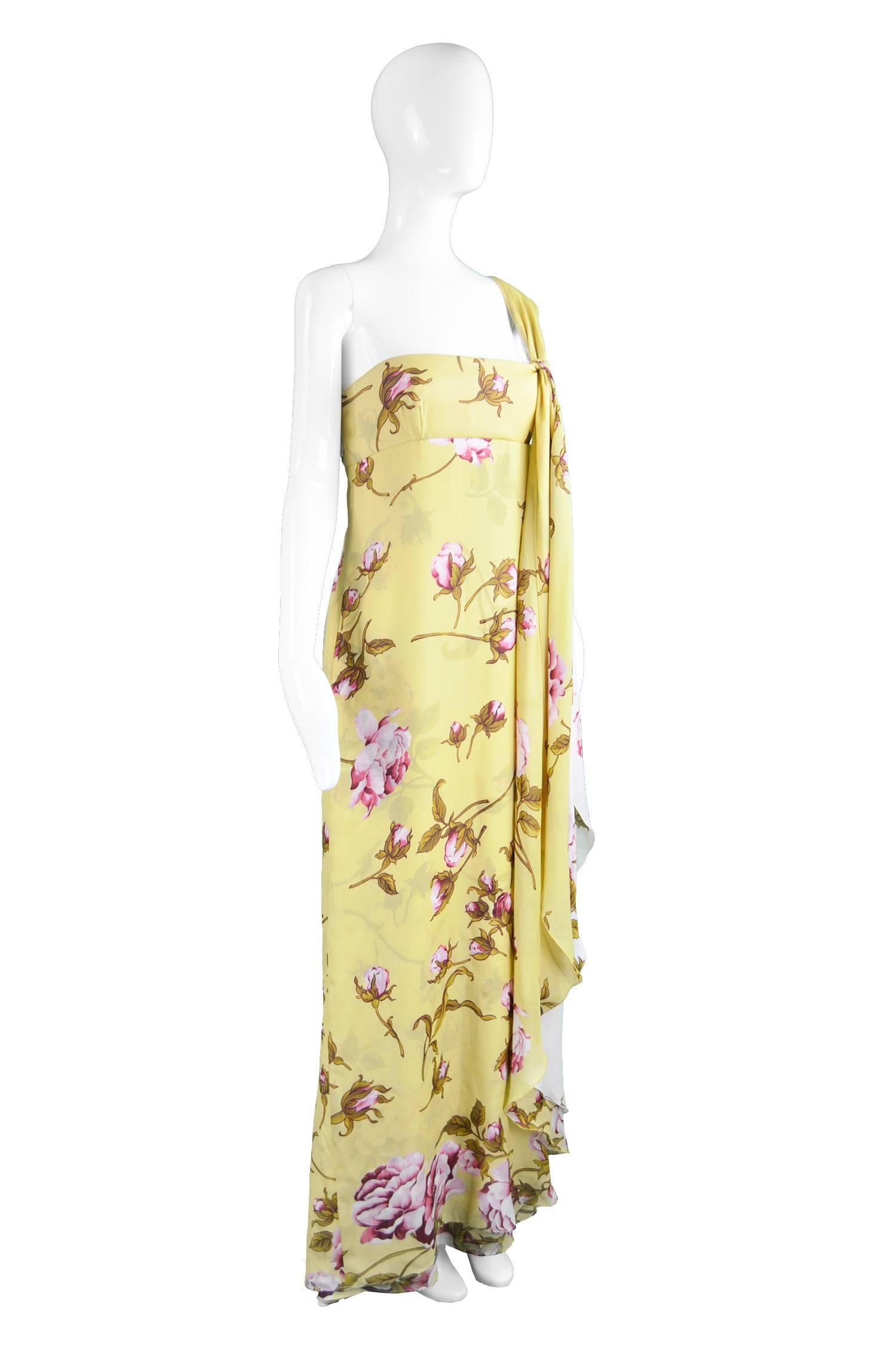 Valentino Yellow & Baby Pink Floral Silk One Shoulder Maxi Gown, Spring 2006 1