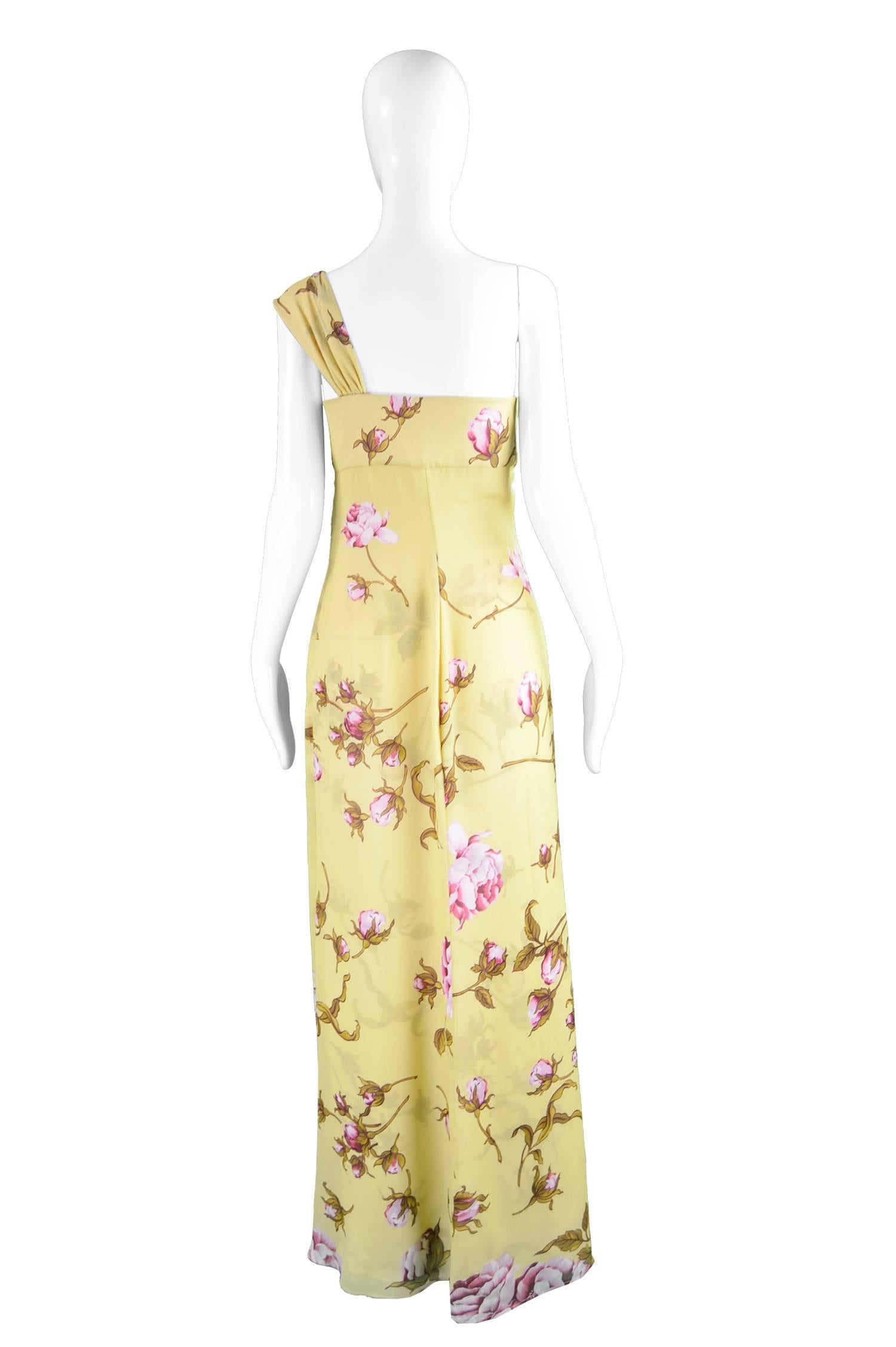Valentino Yellow & Baby Pink Floral Silk One Shoulder Maxi Gown, Spring 2006 2