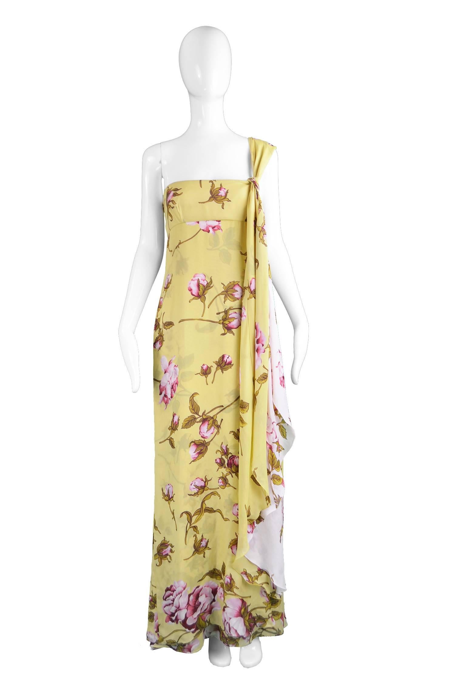 Valentino Yellow and Baby Pink Floral Silk One Shoulder Maxi Gown ...