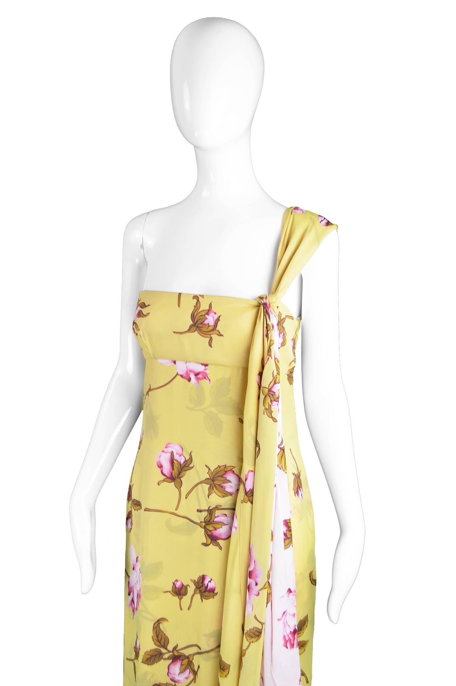 Beige Valentino Yellow & Baby Pink Floral Silk One Shoulder Maxi Gown, Spring 2006