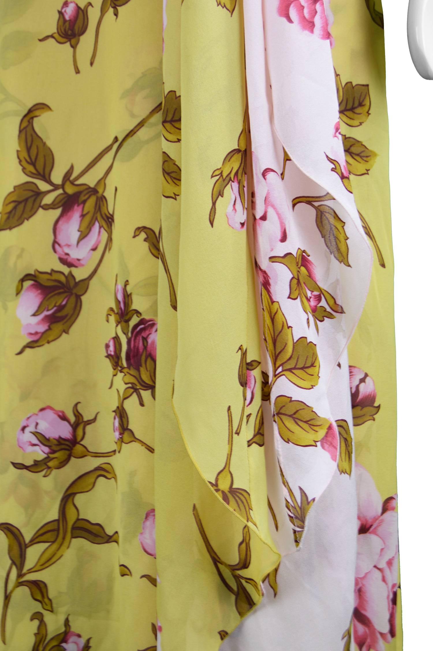 Women's Valentino Yellow & Baby Pink Floral Silk One Shoulder Maxi Gown, Spring 2006