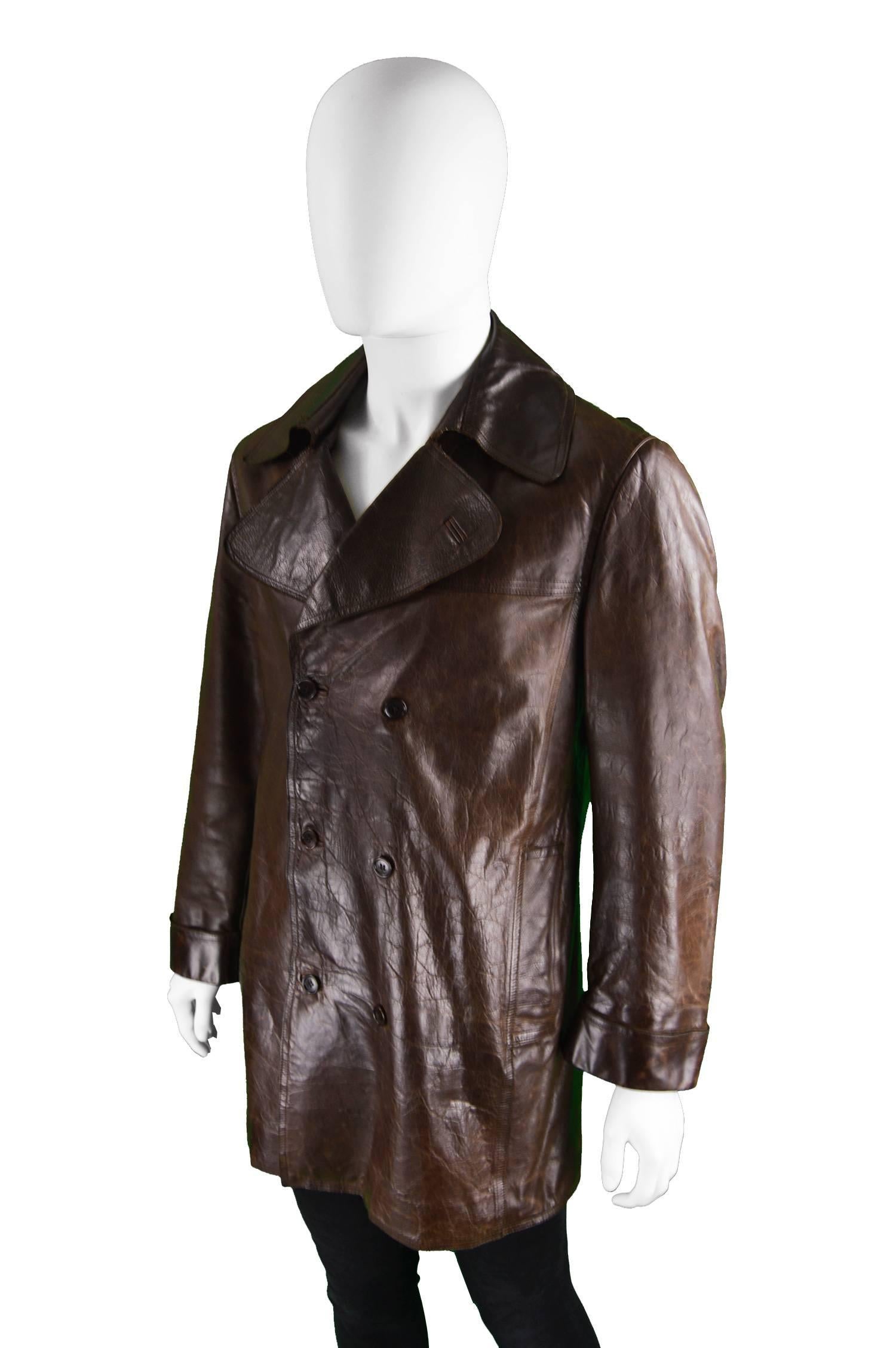 Black Costume National Homme Brown Italian Leather Mens Leather Peacoat