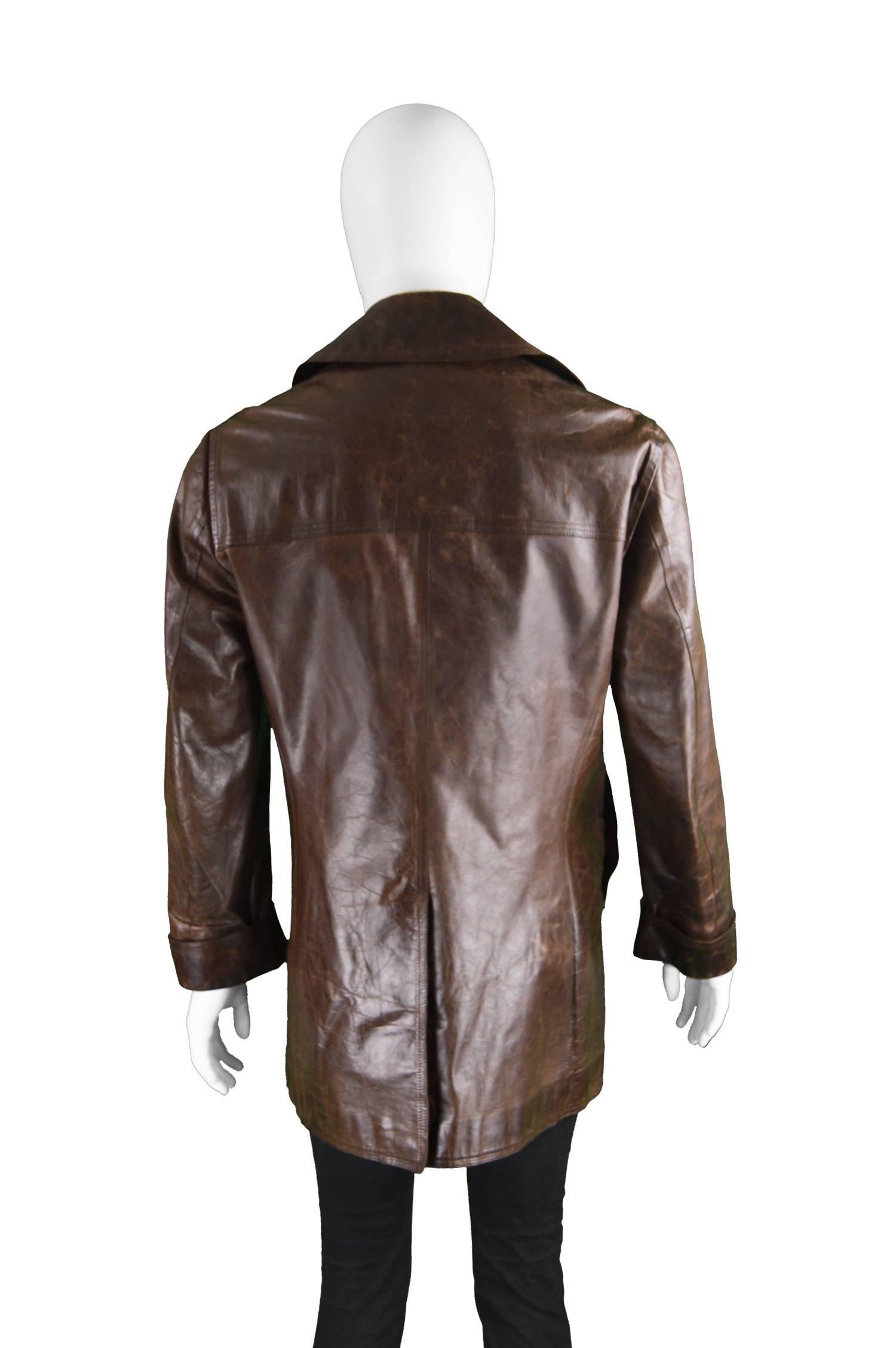 Costume National Homme Brown Italian Leather Mens Leather Peacoat In Excellent Condition In Doncaster, South Yorkshire