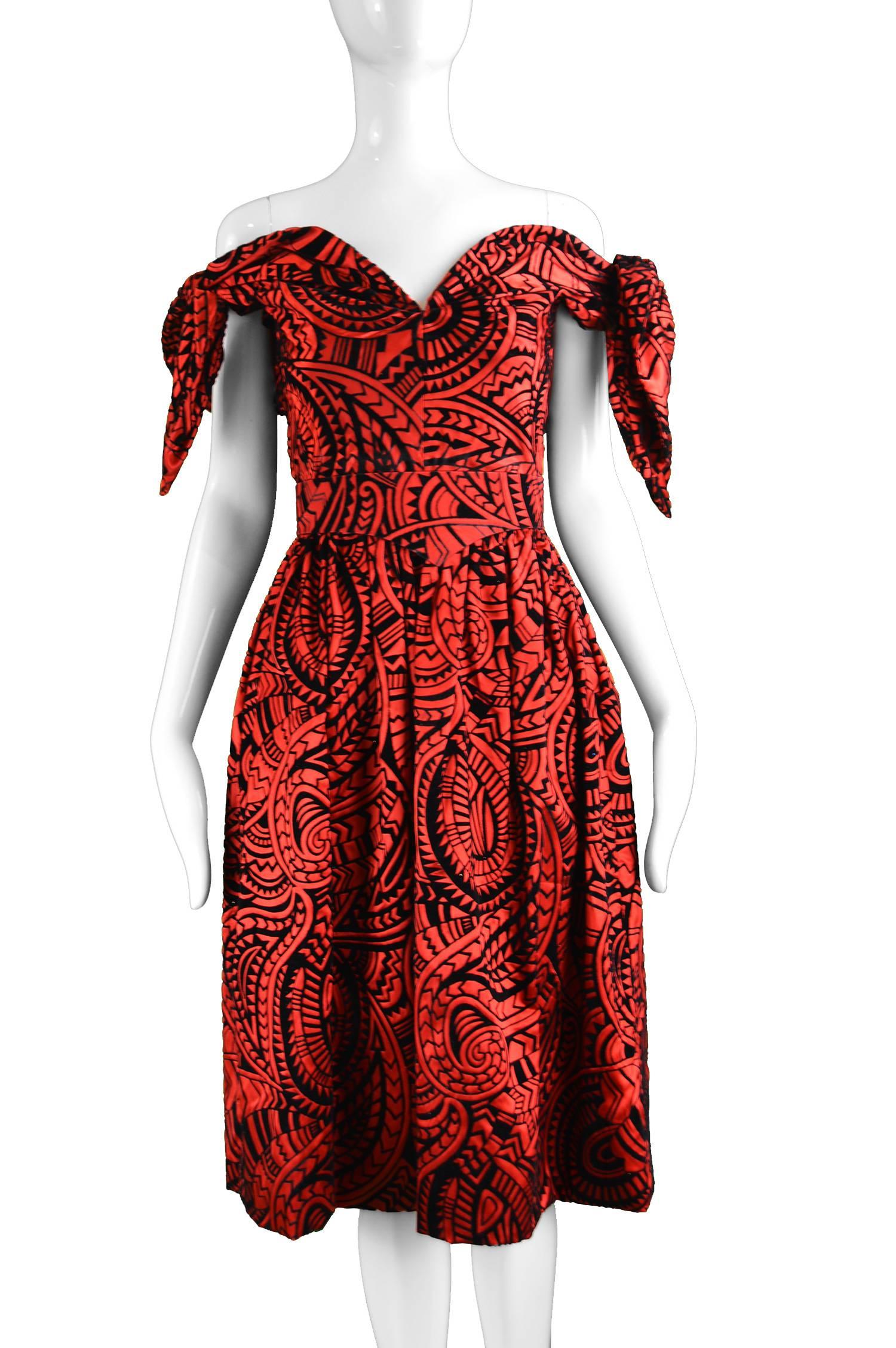 Women's Murray Arbeid Red and Black Flocked Velvet and Taffeta Evening Dress, 1980s For Sale