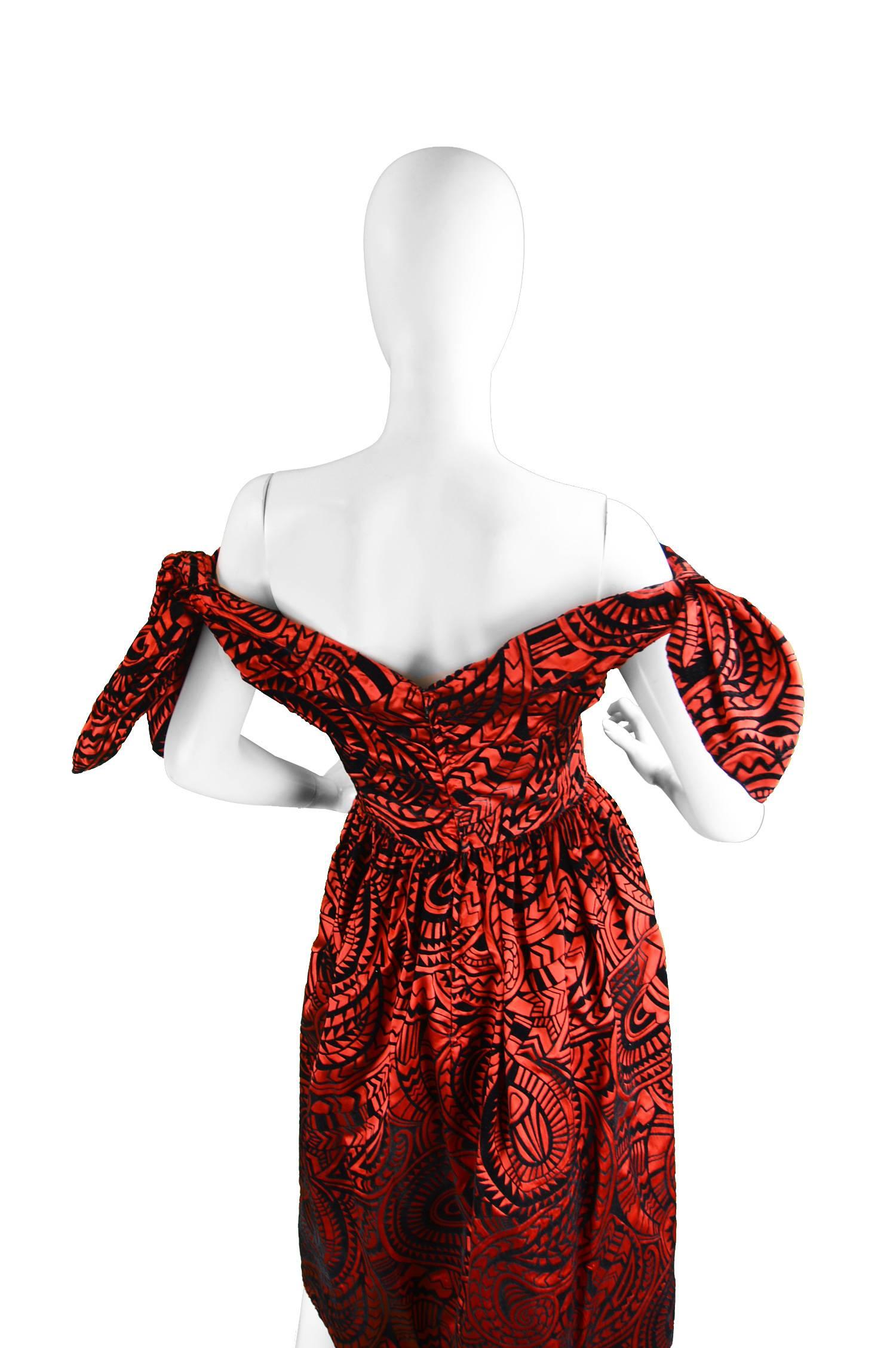 Murray Arbeid Red and Black Flocked Velvet and Taffeta Evening Dress, 1980s For Sale 1